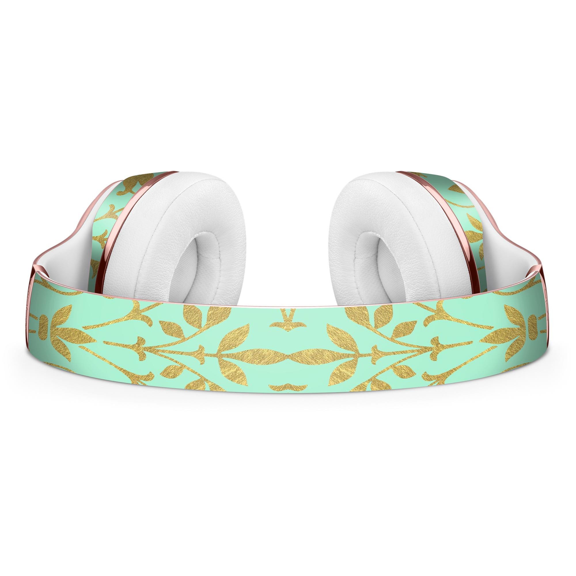 Mint and Gold Floral Full-Body Skin Kit for Beats by Dre Solo 3 Wireless Headphones, showcasing vibrant floral patterns and premium vinyl material.