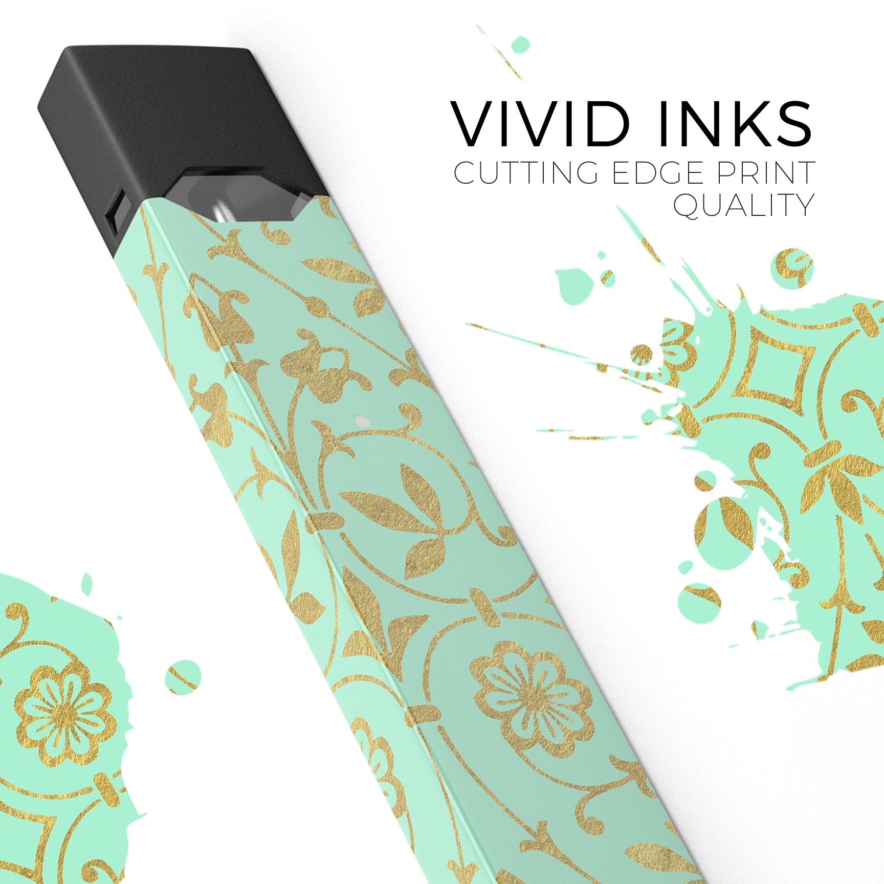 Mint and Gold Floral v12 skin-wrap sticker designed for JUUL vaping device, showcasing floral patterns and vibrant colors.
