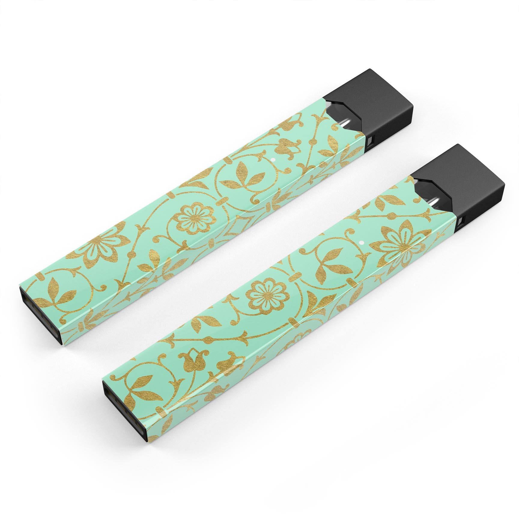 Mint and Gold Floral v12 skin-wrap sticker designed for JUUL vaping device, showcasing floral patterns and vibrant colors.