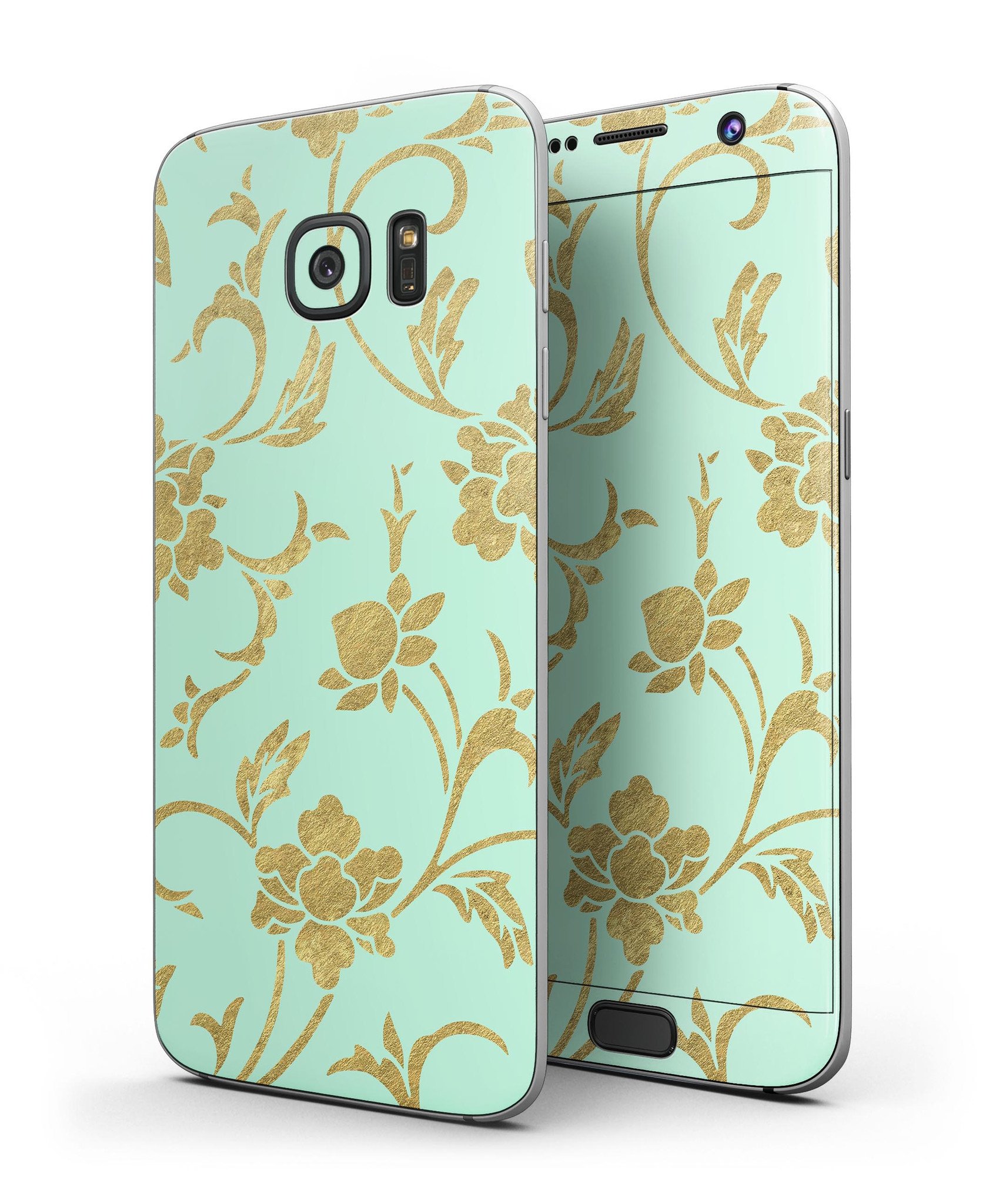 Mint and Gold Floral v3 skin kit for Samsung Galaxy S7, showcasing vibrant floral design and premium vinyl material.
