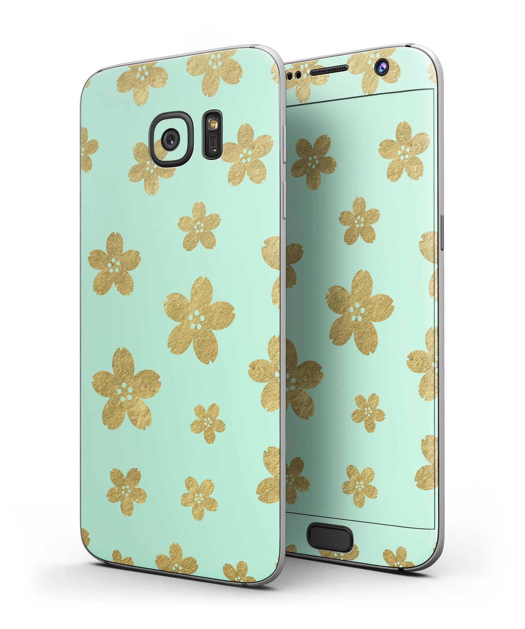Mint and Gold Floral v7 Full Body Skin-Kit for Samsung Galaxy S7, showcasing vibrant floral design and premium vinyl material.