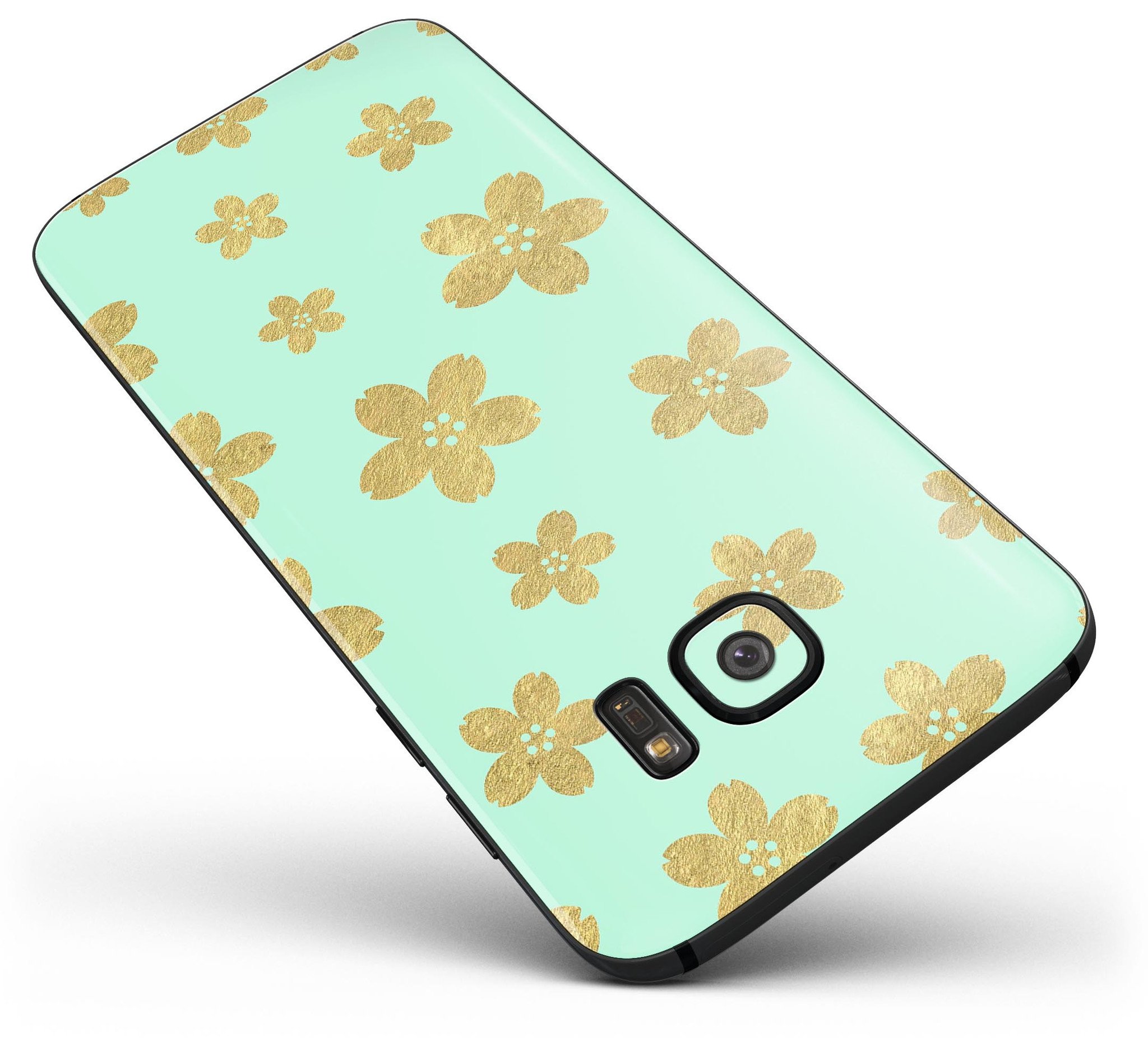 Mint and Gold Floral v7 Full Body Skin-Kit for Samsung Galaxy S7, showcasing vibrant floral design and premium vinyl material.