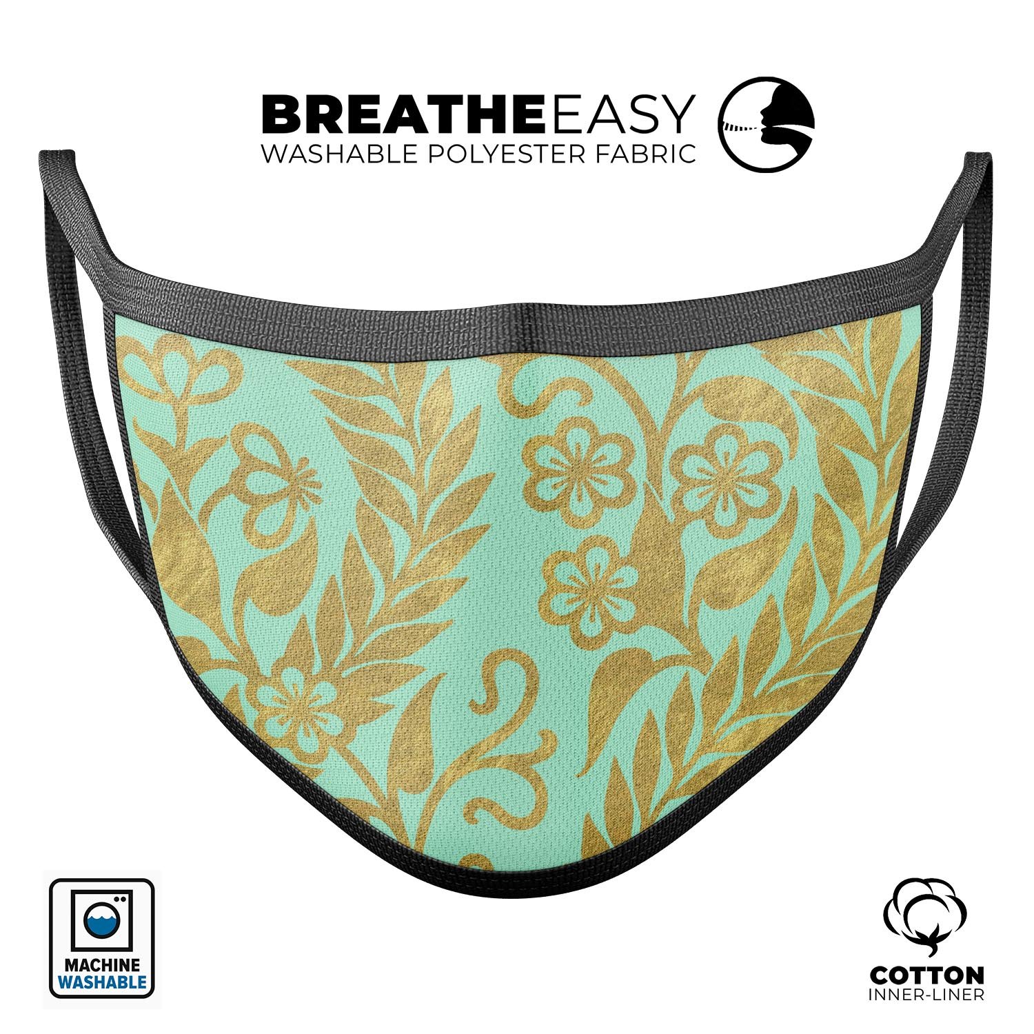 Mint and Gold Floral v9 mouth cover, a stylish and comfortable anti-dust mask made in the USA, featuring adjustable ear loops and a breathable cotton interior.