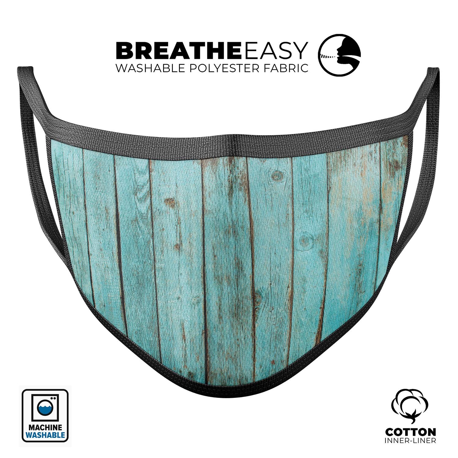 Mint Distressed Wood V555 mouth cover, featuring a stylish design and adjustable ear loops for a comfortable fit.