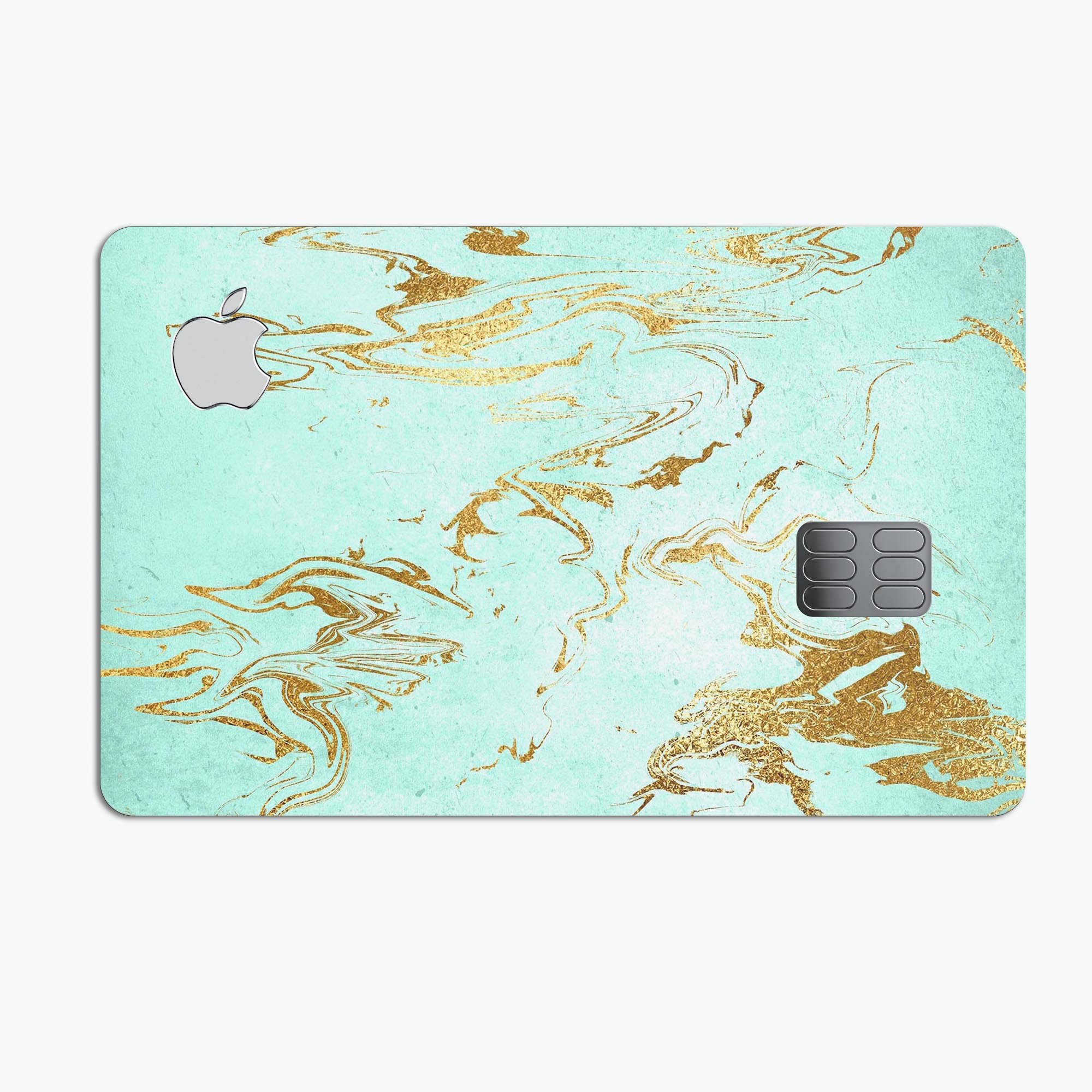 Mint Marble and Digital Gold Foil skin for Apple Card, showcasing premium design and protective features.