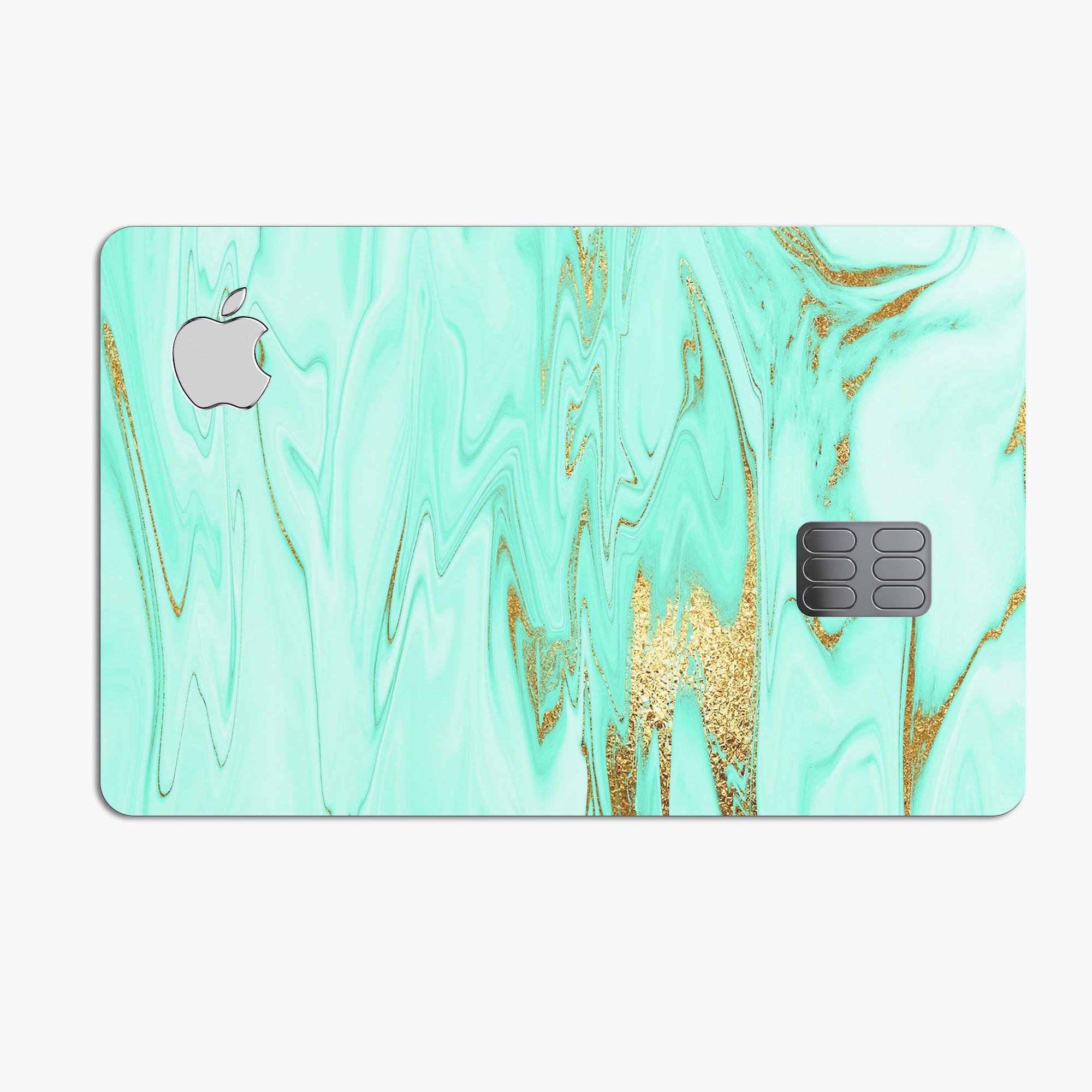 Mint Marble and Digital Gold Foil V11 decal on an Apple Card, showcasing its elegant design and premium quality.