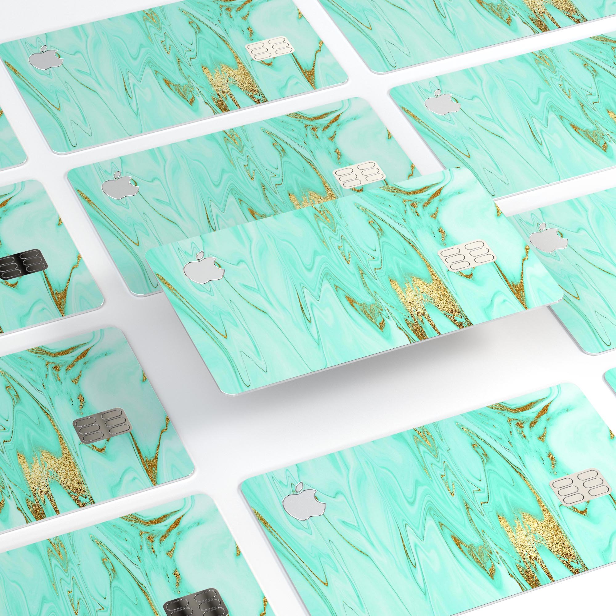 Mint Marble and Digital Gold Foil V11 decal on an Apple Card, showcasing its elegant design and premium quality.
