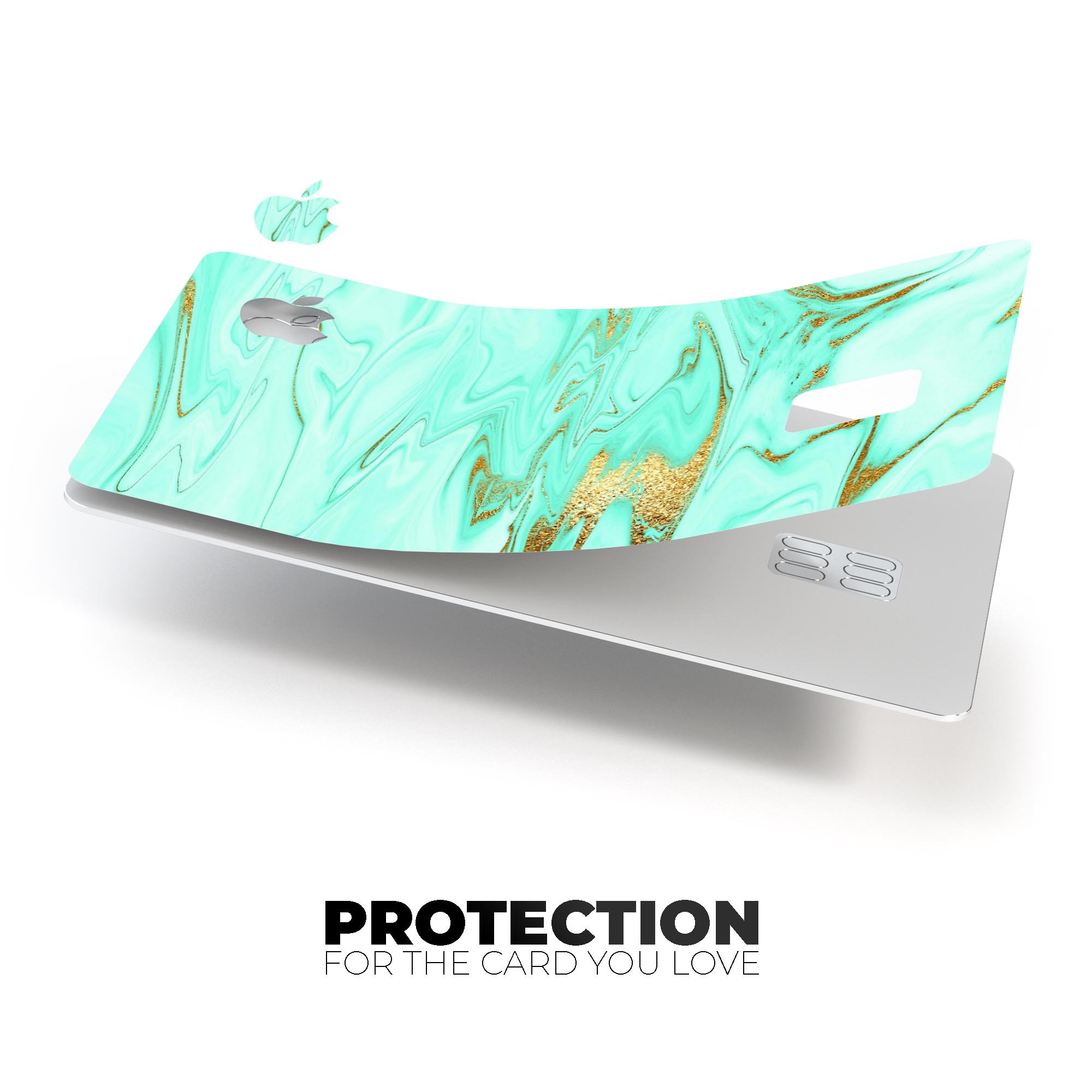 Mint Marble and Digital Gold Foil V11 decal on an Apple Card, showcasing its elegant design and premium quality.