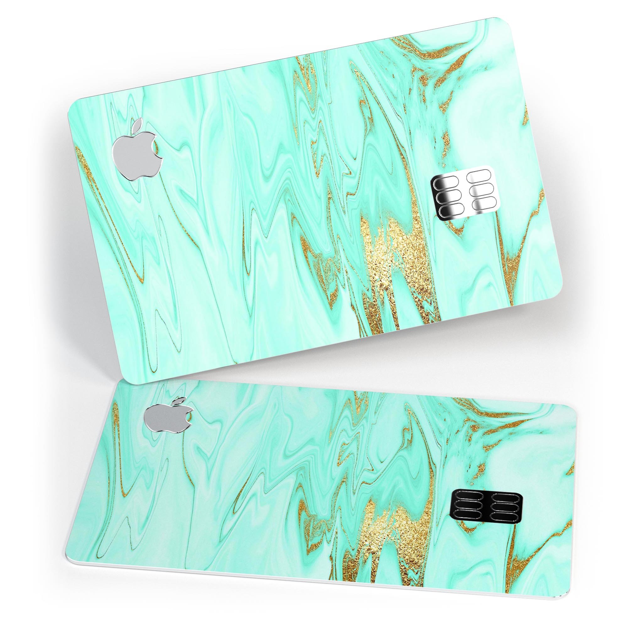 Mint Marble and Digital Gold Foil V11 decal on an Apple Card, showcasing its elegant design and premium quality.