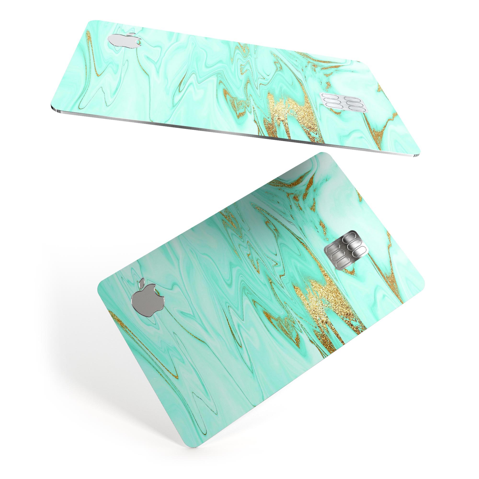 Mint Marble and Digital Gold Foil V11 decal on an Apple Card, showcasing its elegant design and premium quality.