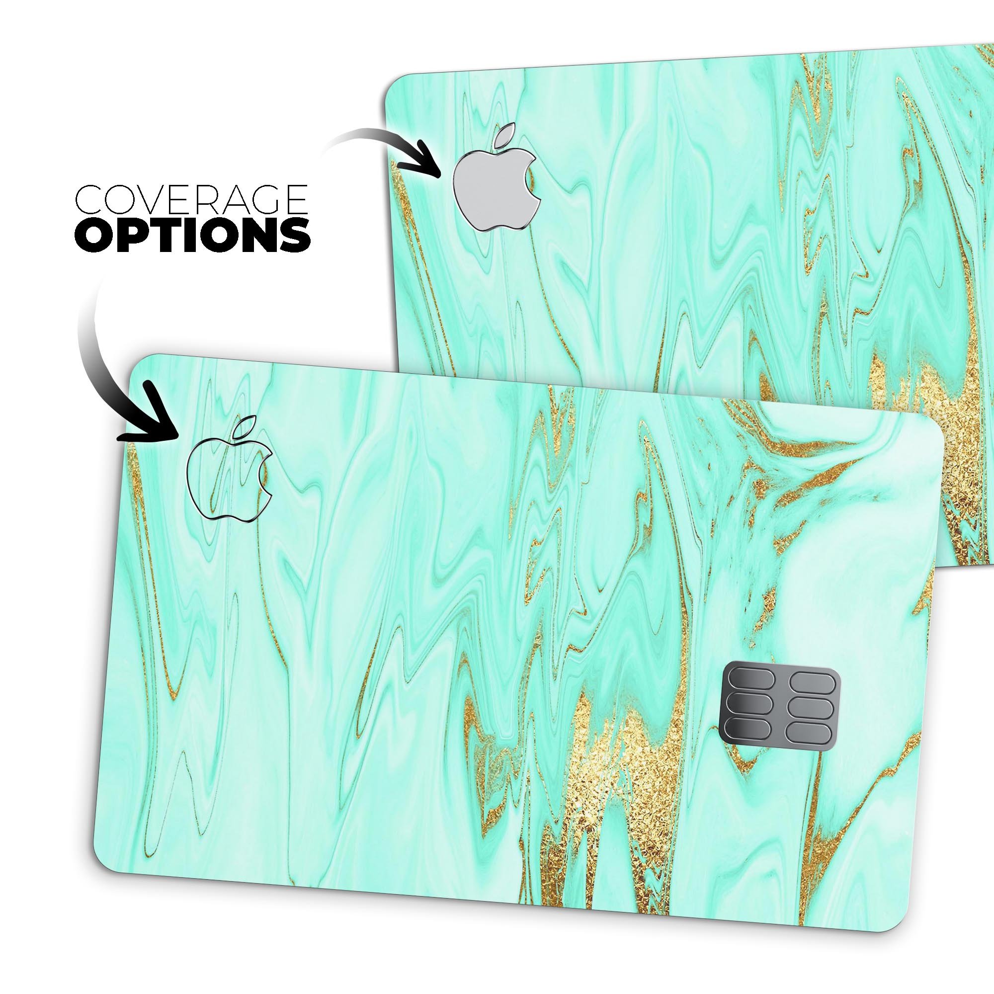 Mint Marble and Digital Gold Foil V11 decal on an Apple Card, showcasing its elegant design and premium quality.
