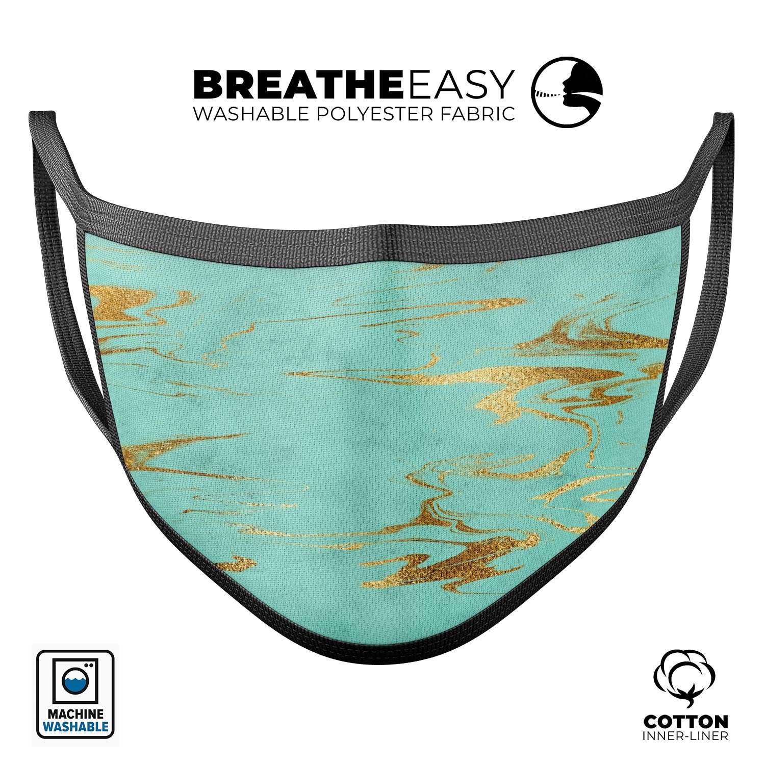 Mint Marble & Digital Gold Foil V2 mouth cover, featuring a stylish design with adjustable ear loops for a comfortable fit.