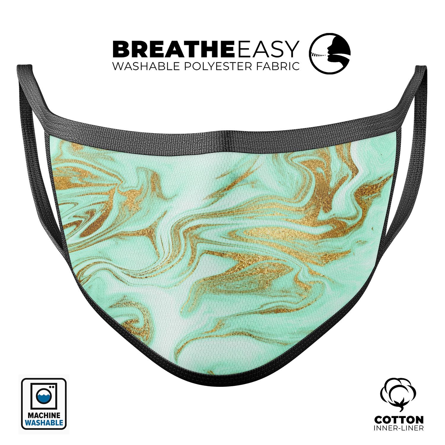 Mint Marble & Digital Gold Foil V4 mouth cover, showcasing vibrant colors and adjustable ear loops for a comfortable fit.