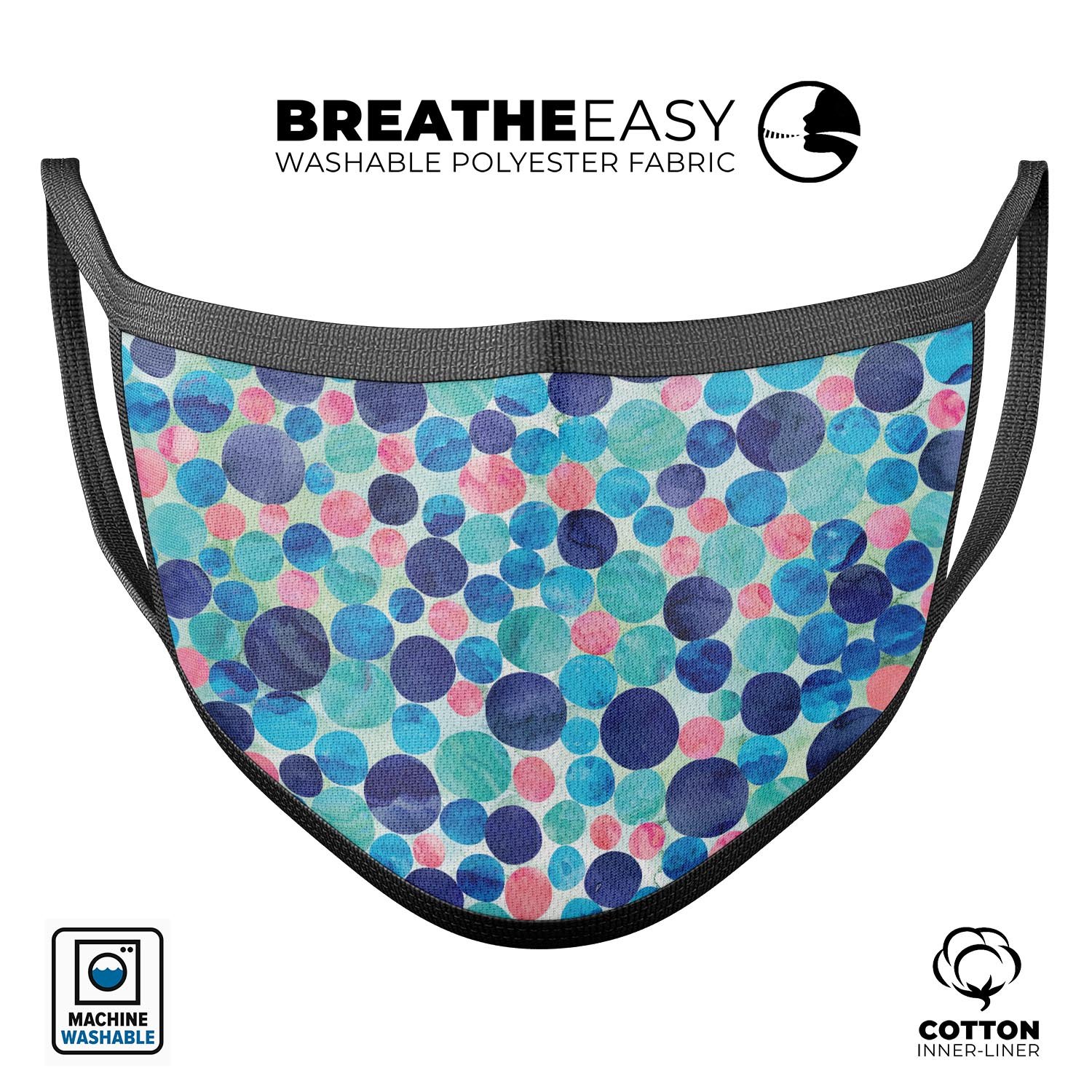 Mixed Aqua Blue and Pink Watercolor Dots reusable face mask, showcasing vibrant colors and adjustable ear loops for a comfortable fit.