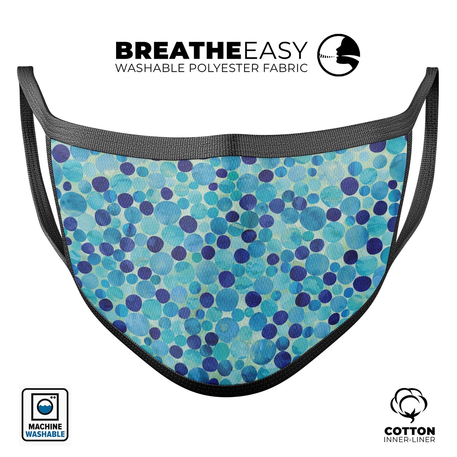 Mixed Blue Watercolor Dots face mask, featuring a stylish design and adjustable ear loops for a comfortable fit.