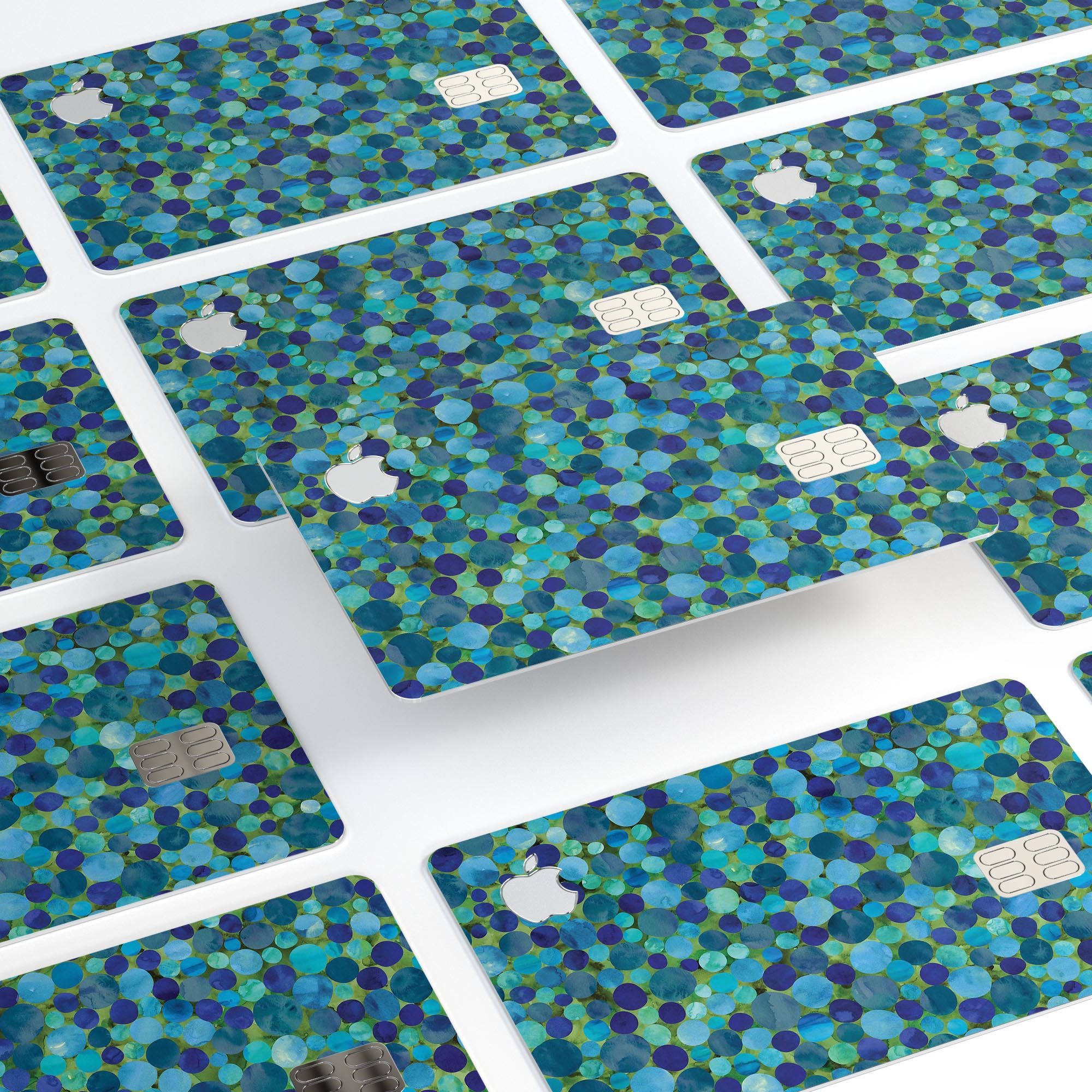 Mixed Blue-Green Watercolor Dots decal skin for Apple Card, showcasing vibrant colors and premium vinyl material.