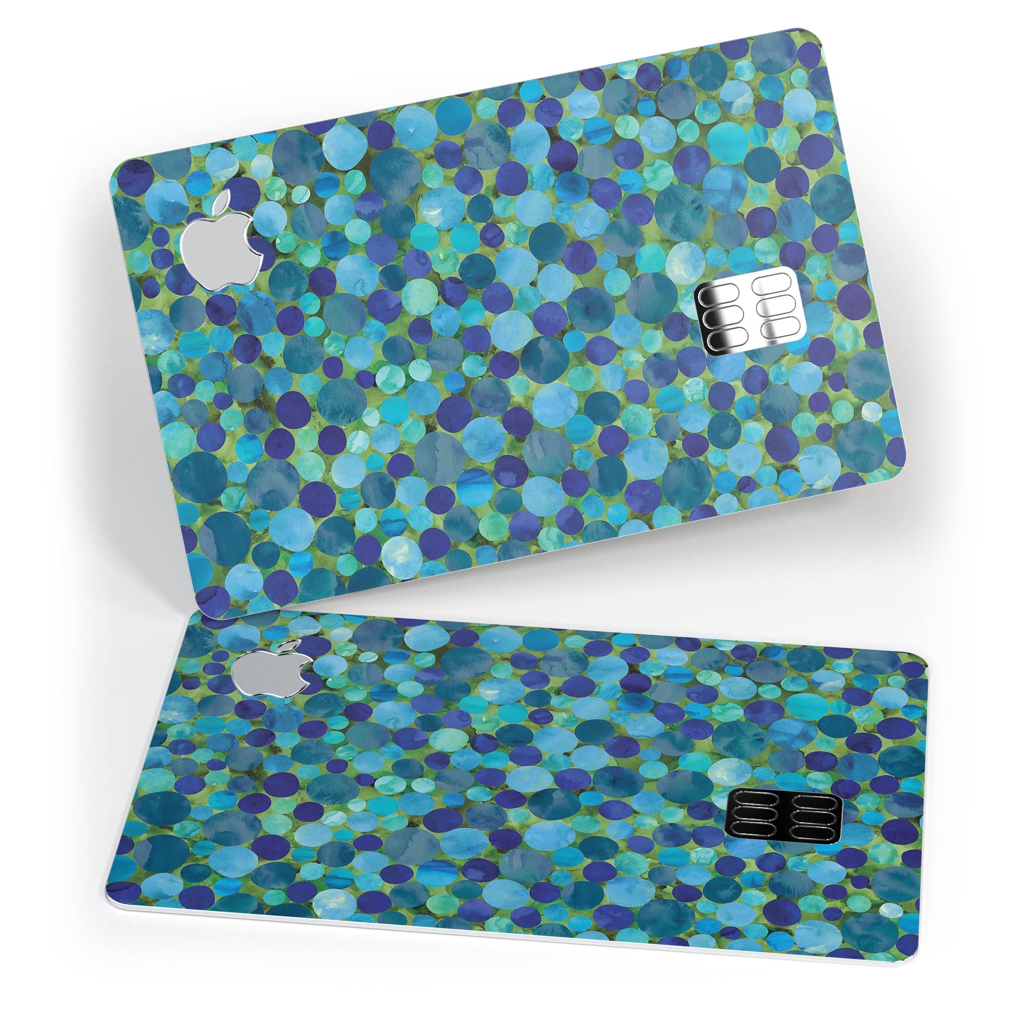 Mixed Blue-Green Watercolor Dots decal skin for Apple Card, showcasing vibrant colors and premium vinyl material.