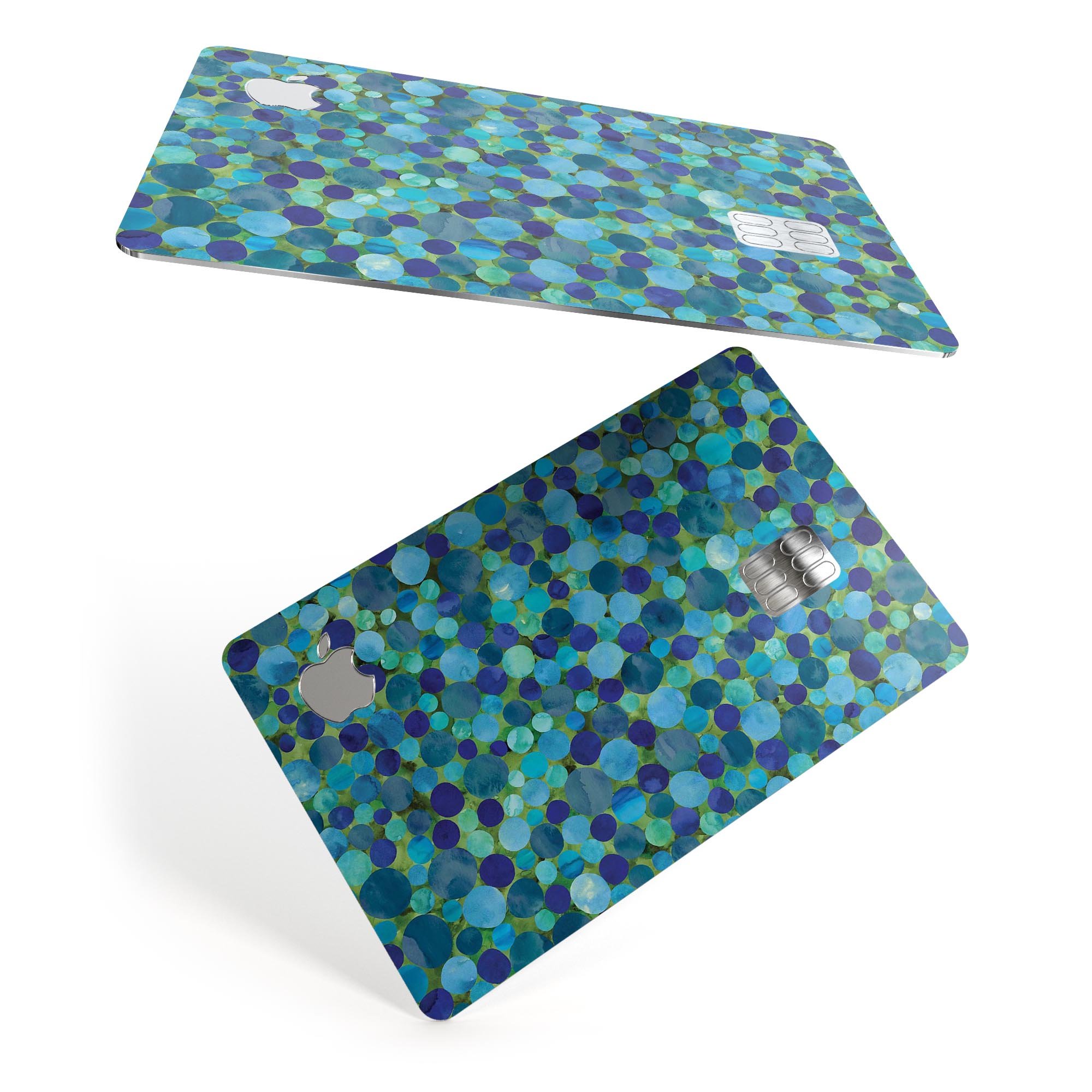 Mixed Blue-Green Watercolor Dots decal skin for Apple Card, showcasing vibrant colors and premium vinyl material.
