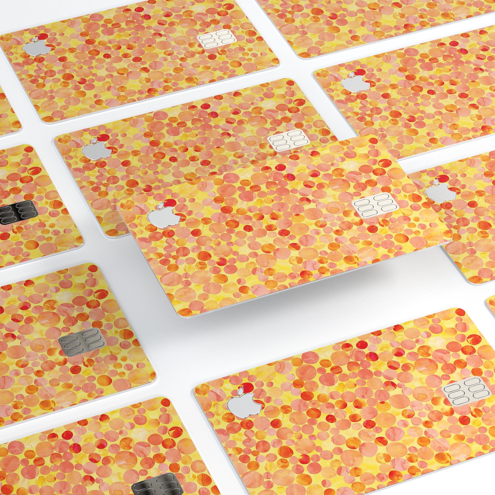 Mixed Fiery Watercolor Dots skin kit for Apple Card, showcasing vibrant colors and premium vinyl material.