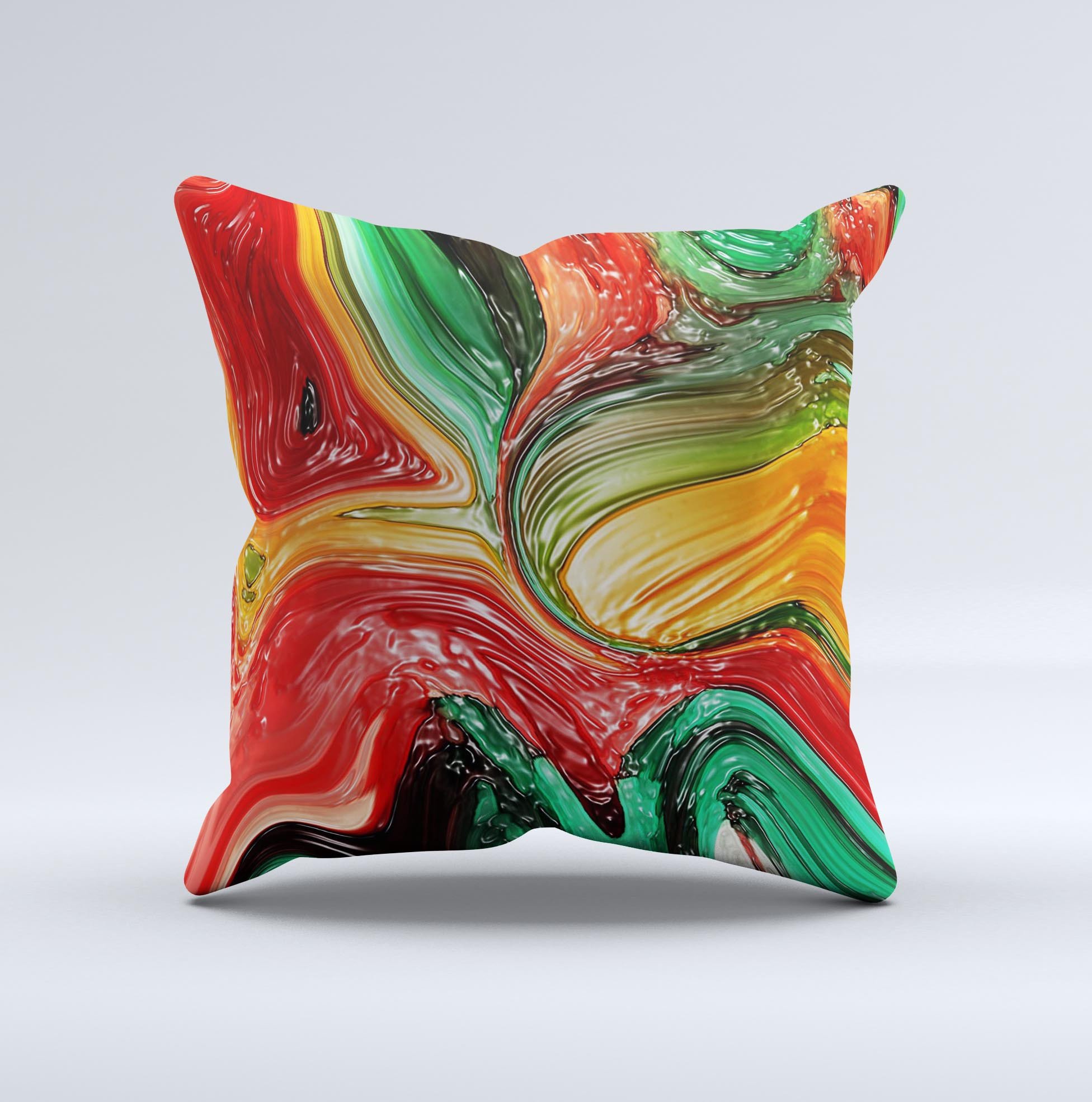 Mixed Orange & Green Paint Ink-Fuzed Decorative Throw Pillow showcasing vibrant colors and unique hand-produced design.