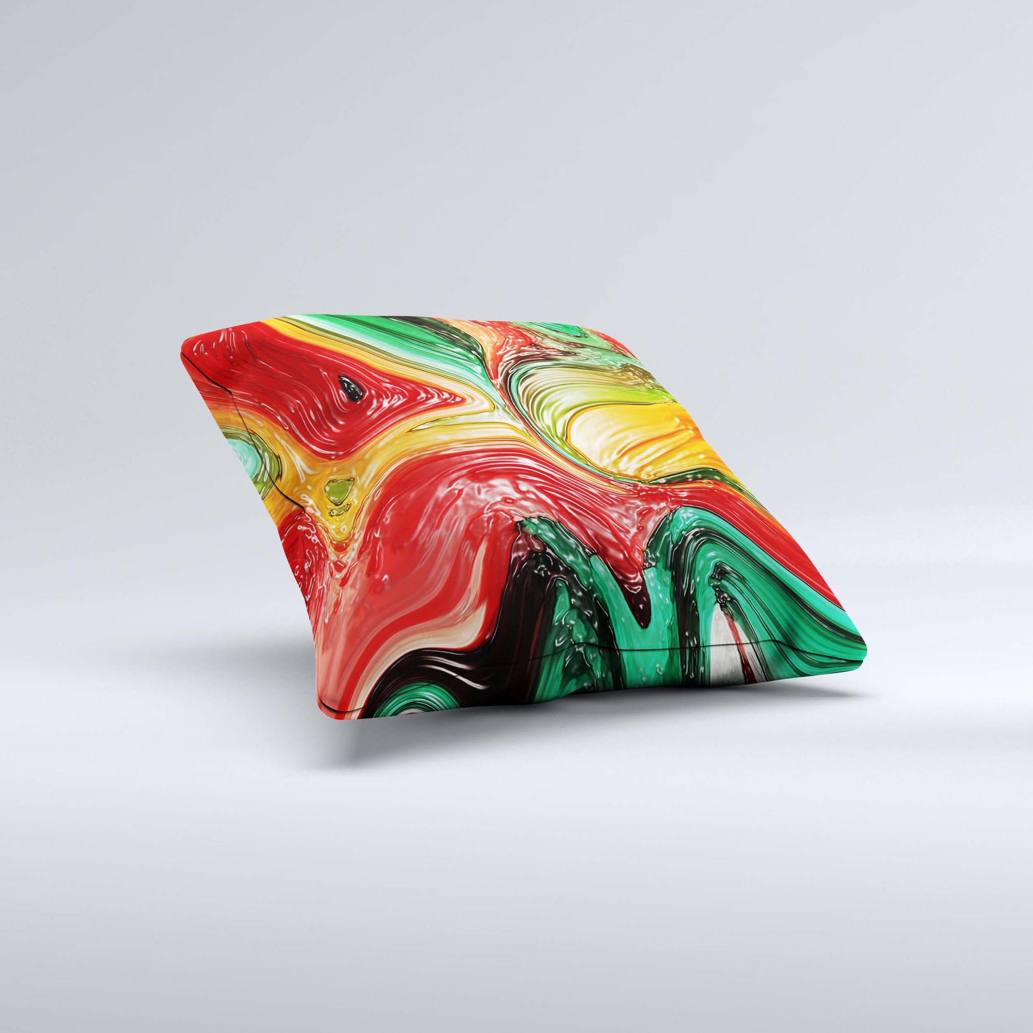 Mixed Orange & Green Paint Ink-Fuzed Decorative Throw Pillow showcasing vibrant colors and unique hand-produced design.