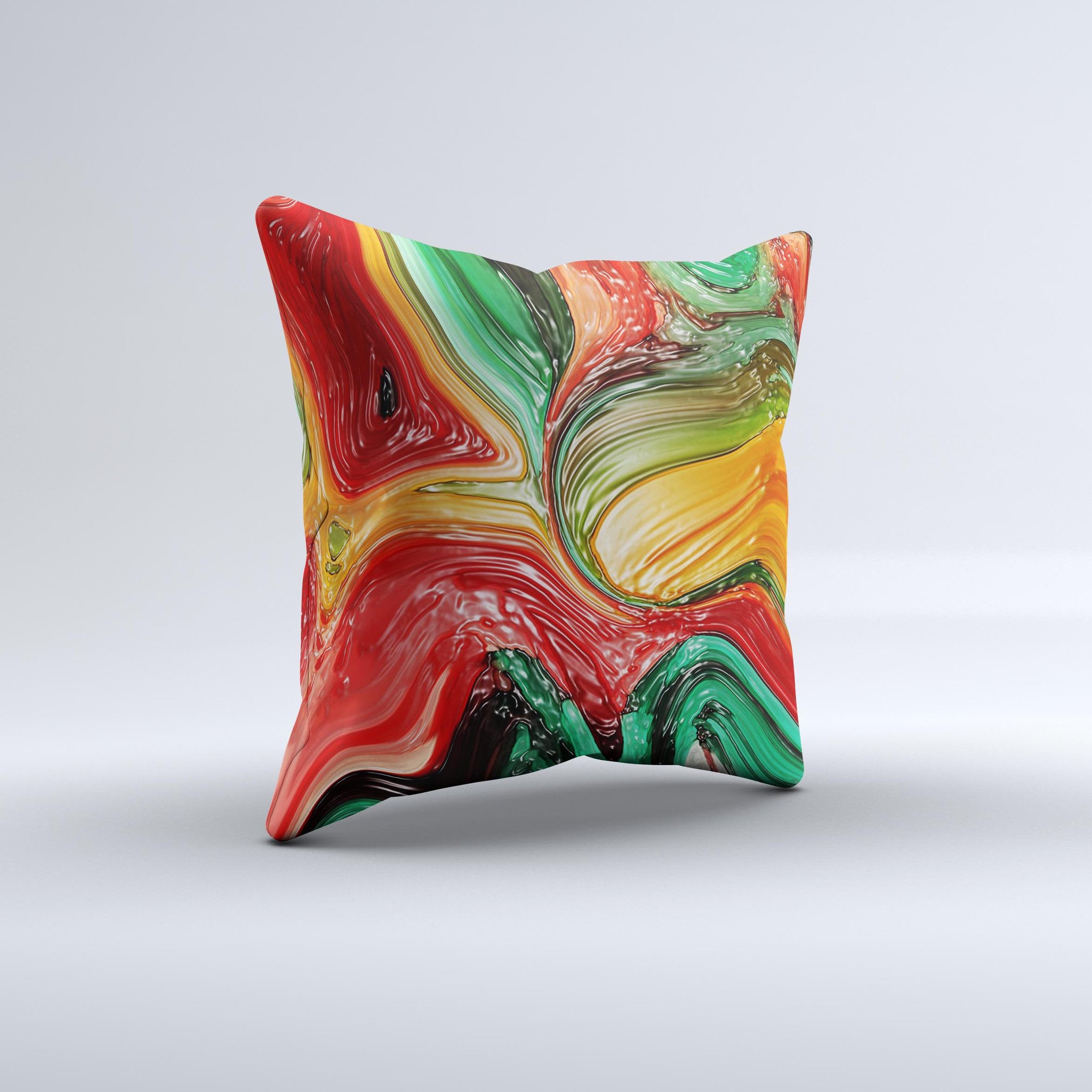 Mixed Orange & Green Paint Ink-Fuzed Decorative Throw Pillow showcasing vibrant colors and unique hand-produced design.