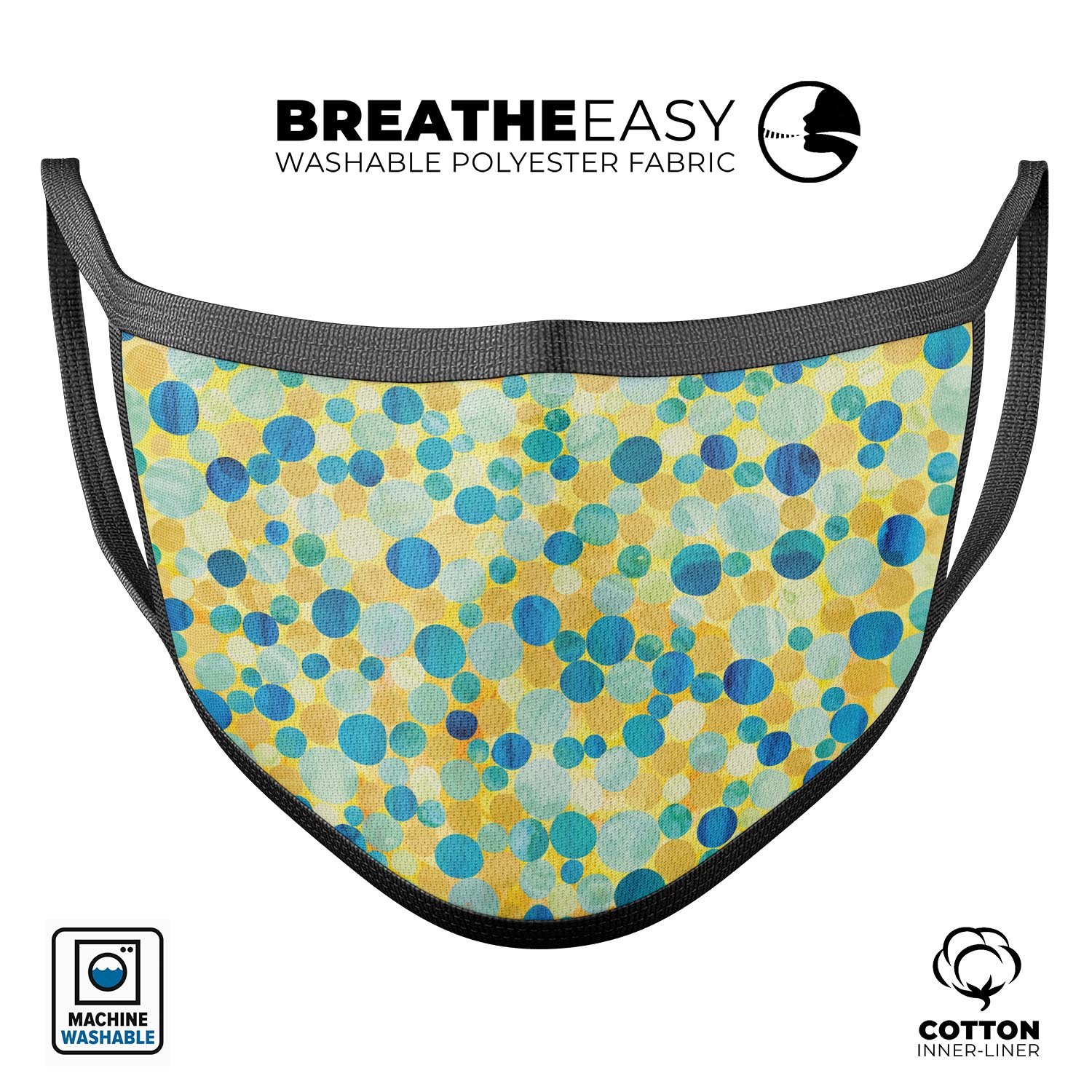 Mixed Yellow and Blue Watercolor Dots face mask, showcasing vibrant colors and adjustable ear loops for a comfortable fit.