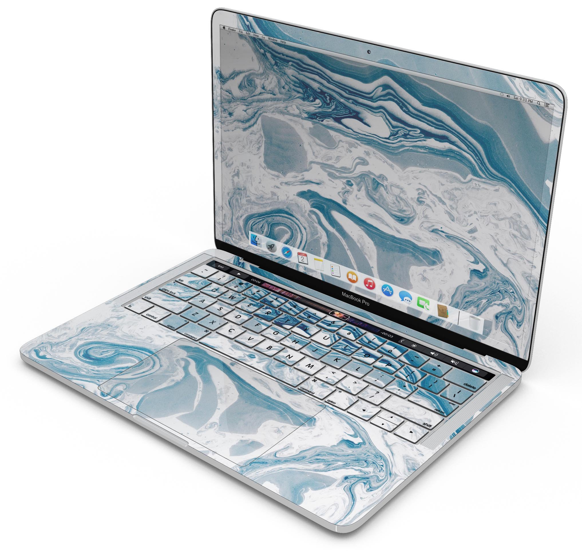 Mixtured Blue 57 Textured Marble skin decal wrap kit for MacBook, showcasing a stylish marble design with a glossy finish.
