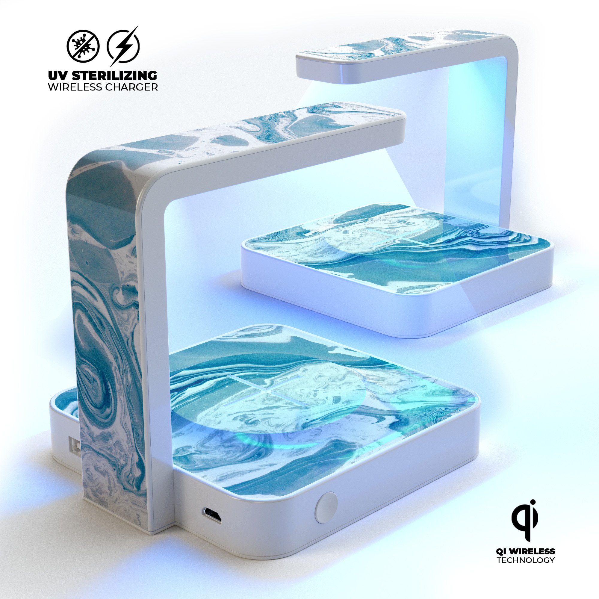Mixtured Blue 57 UV Germicidal Sanitizing Wireless Charger with textured marble finish, showcasing its sleek design and functionality.
