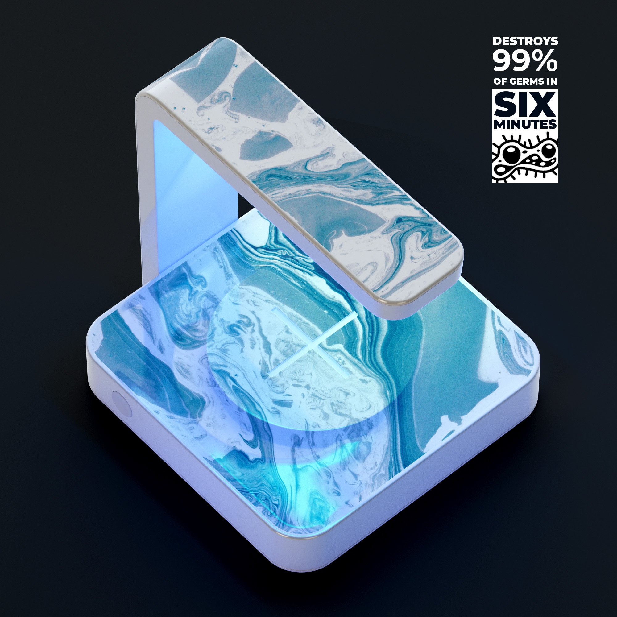 Mixtured Blue 57 UV Germicidal Sanitizing Wireless Charger with textured marble finish, showcasing its sleek design and functionality.