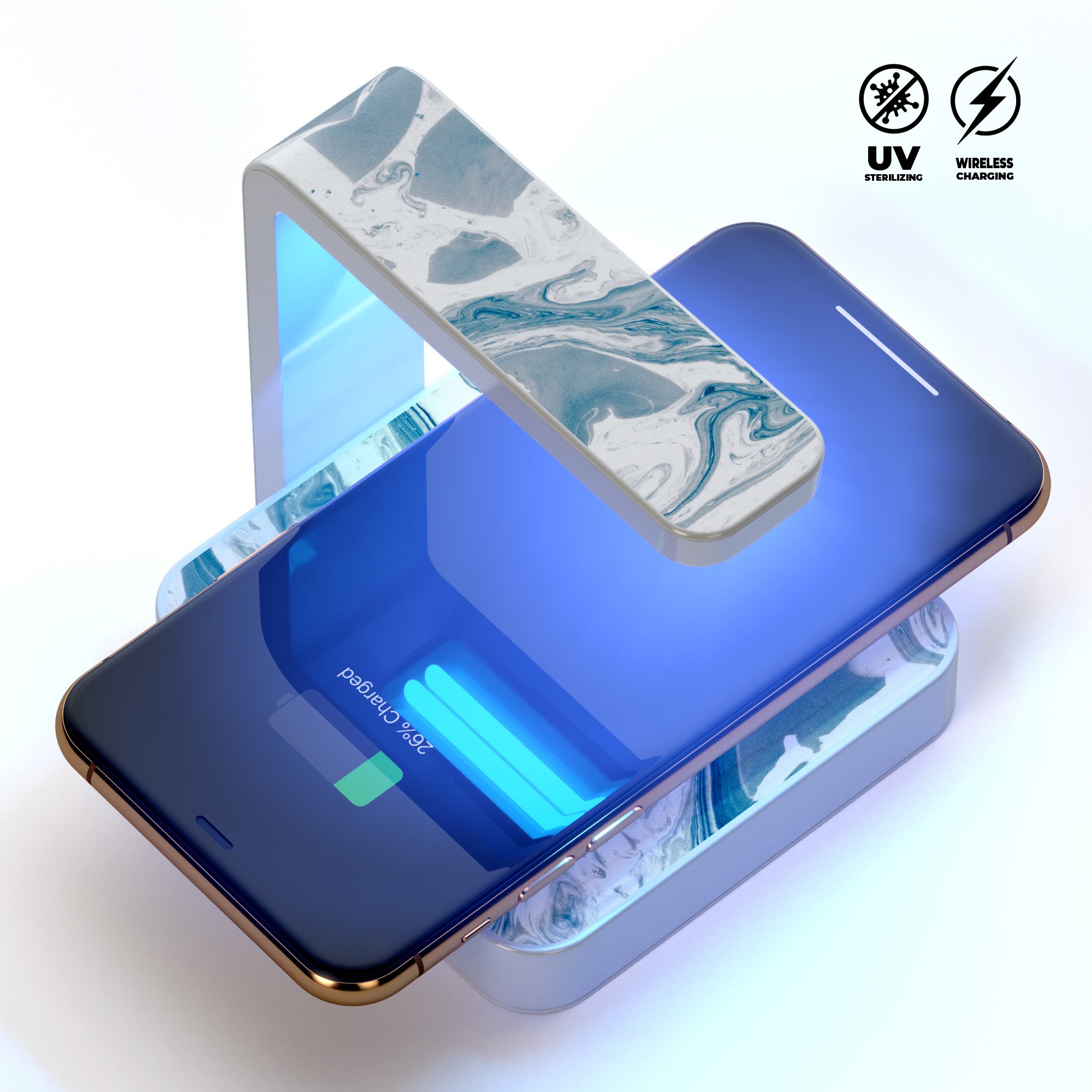 Mixtured Blue 57 UV Germicidal Sanitizing Wireless Charger with textured marble finish, showcasing its sleek design and functionality.