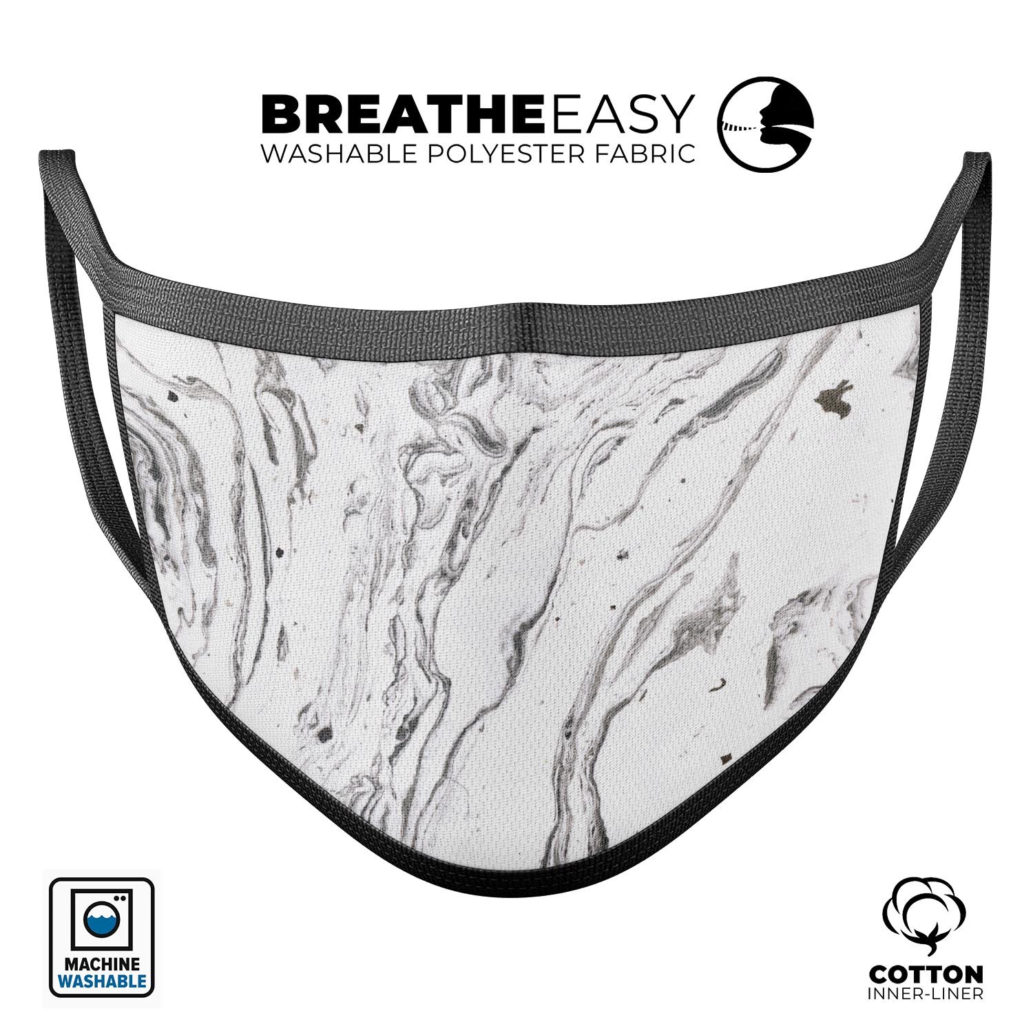Mixtured BW Textured Marble mouth cover, showcasing its stylish design and adjustable ear loops.