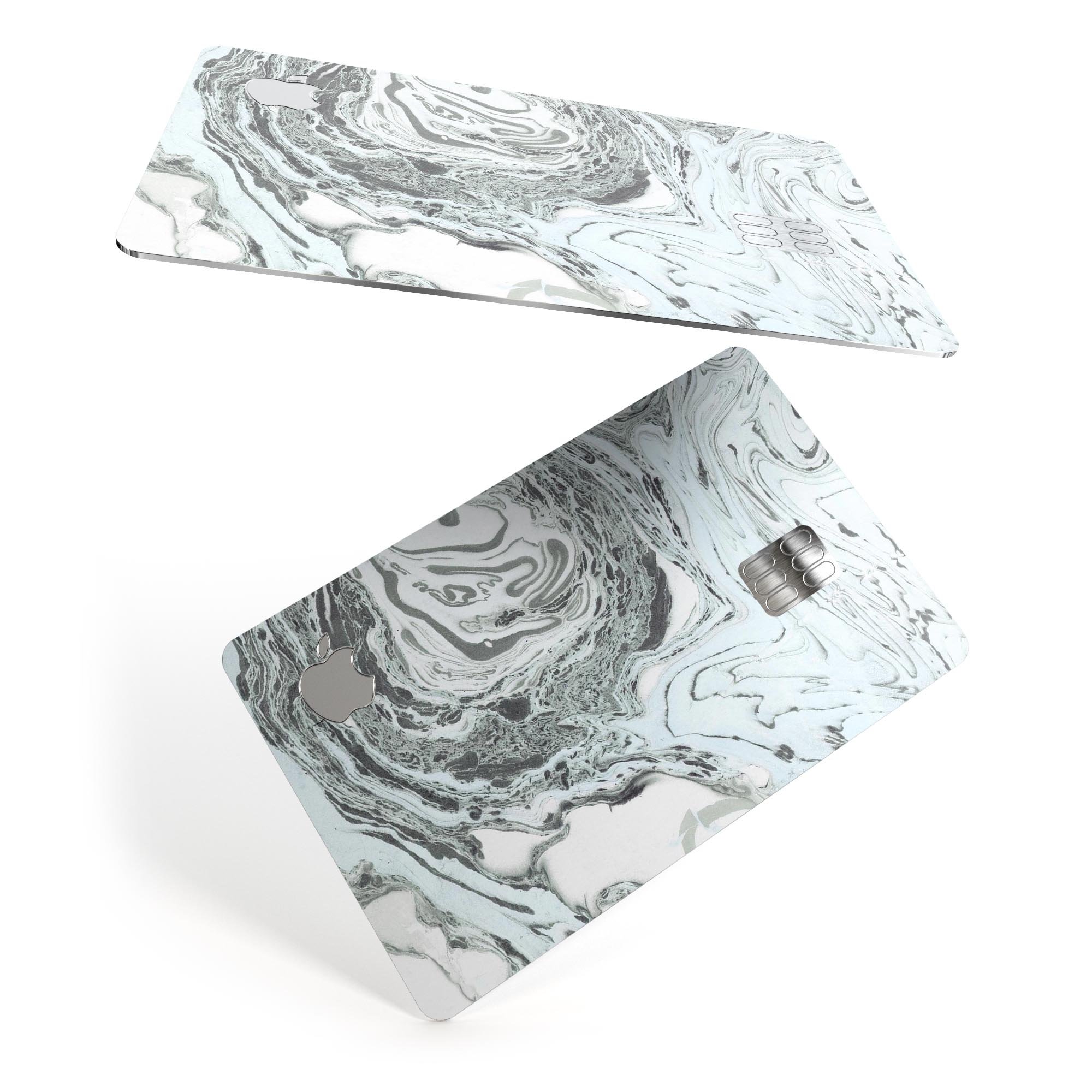 Mixtured Mint and Gray v3 Textured Marble decal applied on an Apple Card, showcasing its stylish design and premium finish.