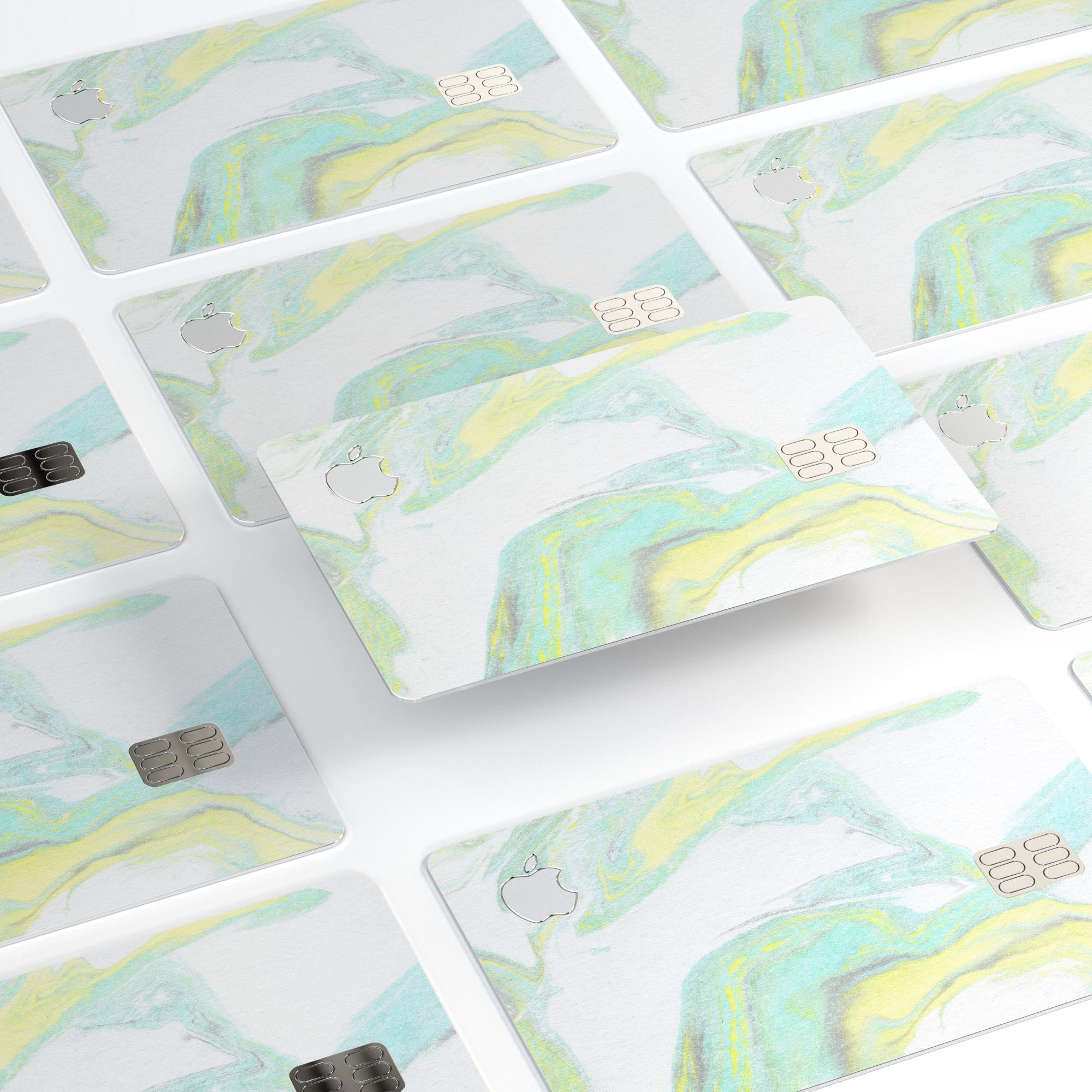 Mixtured Mint and Yellow Textured Marble decal applied on an Apple Card, showcasing its vibrant colors and textured finish.