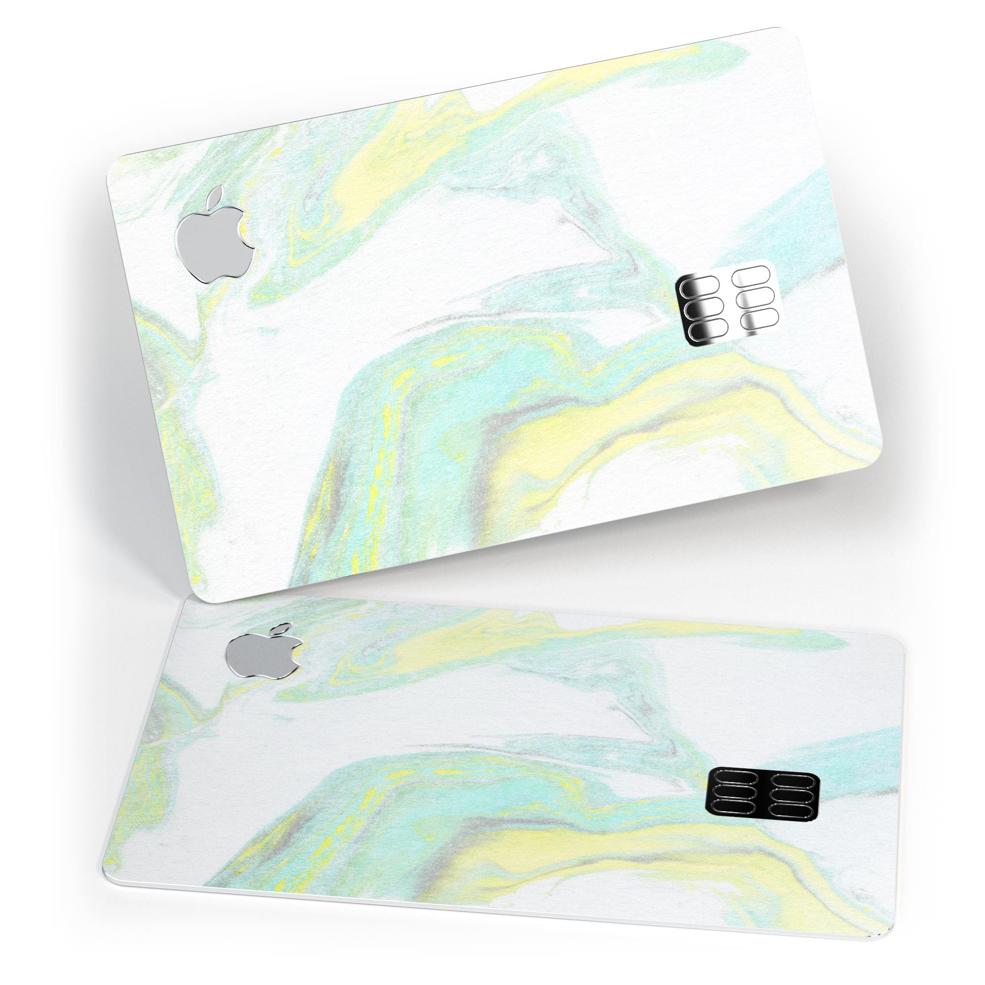 Mixtured Mint and Yellow Textured Marble decal applied on an Apple Card, showcasing its vibrant colors and textured finish.