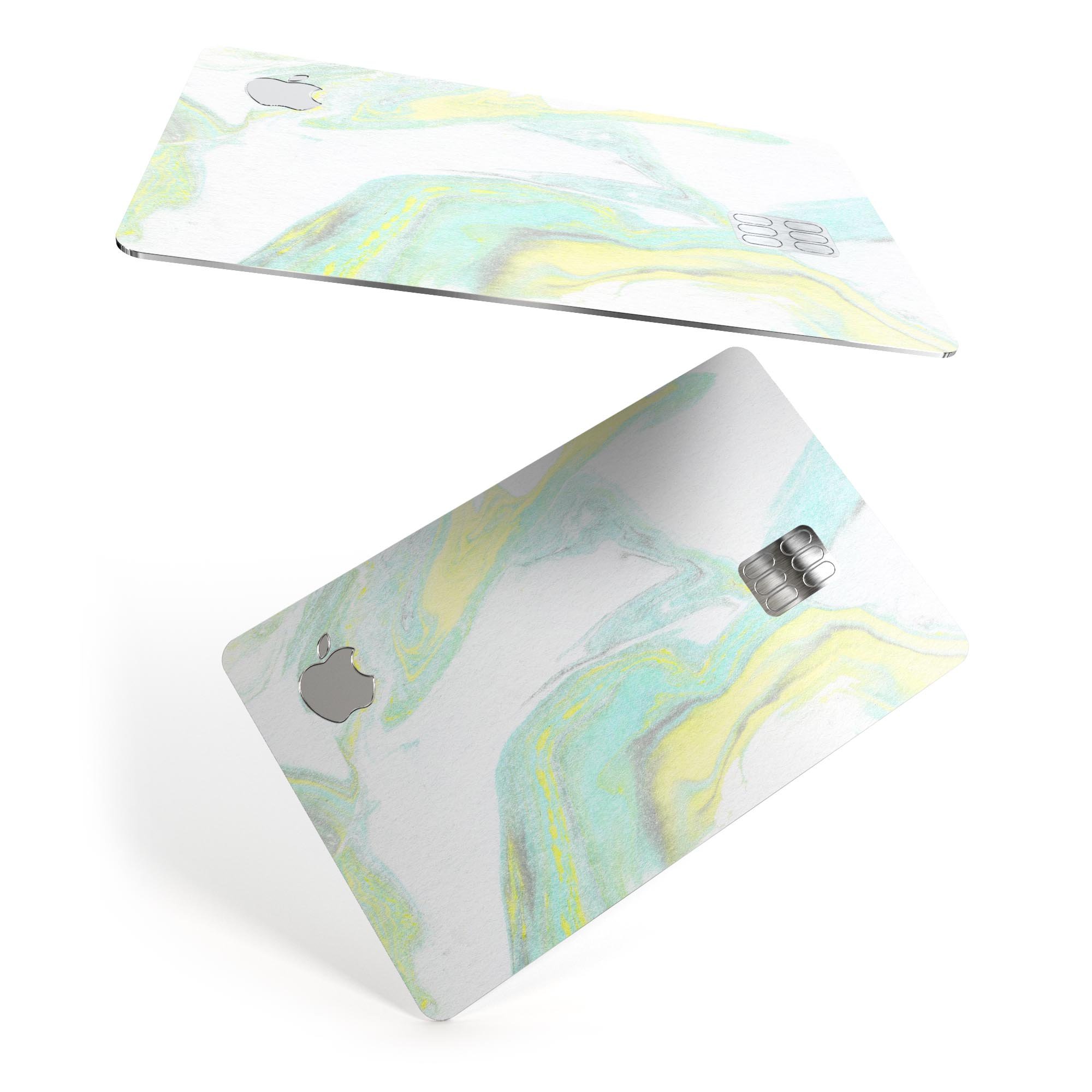 Mixtured Mint and Yellow Textured Marble decal applied on an Apple Card, showcasing its vibrant colors and textured finish.