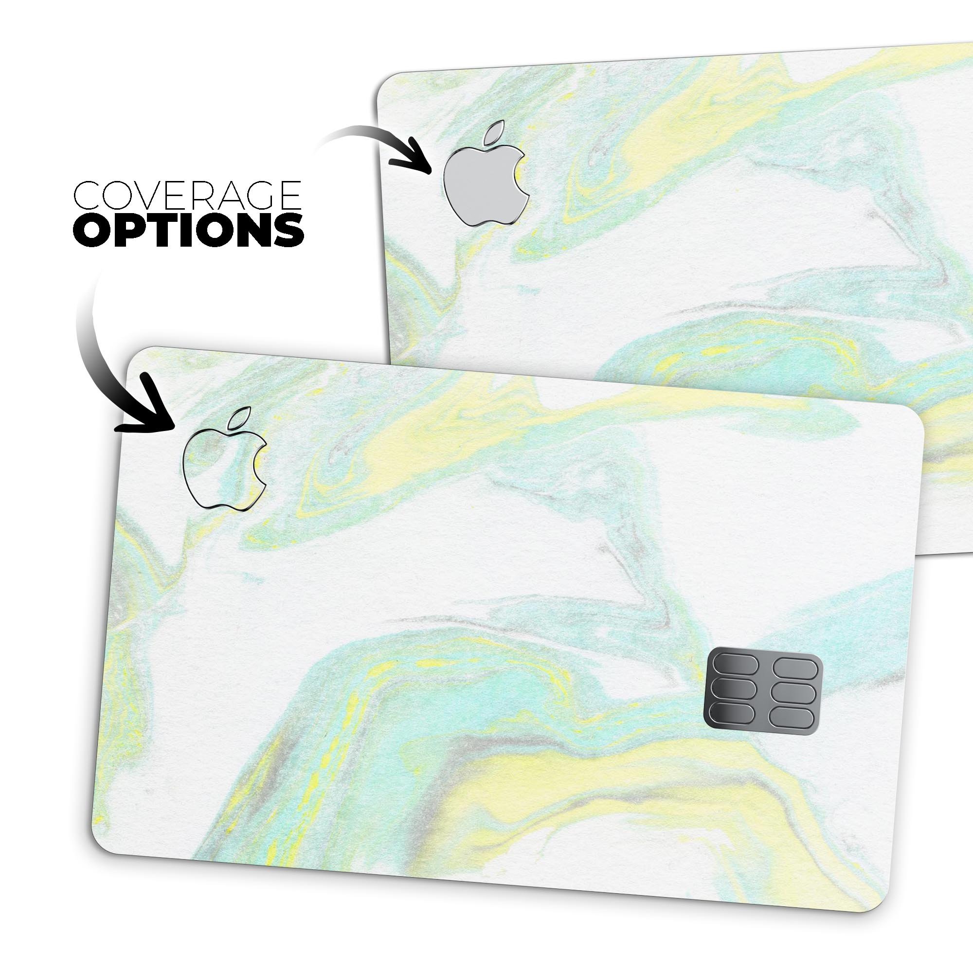 Mixtured Mint and Yellow Textured Marble decal applied on an Apple Card, showcasing its vibrant colors and textured finish.