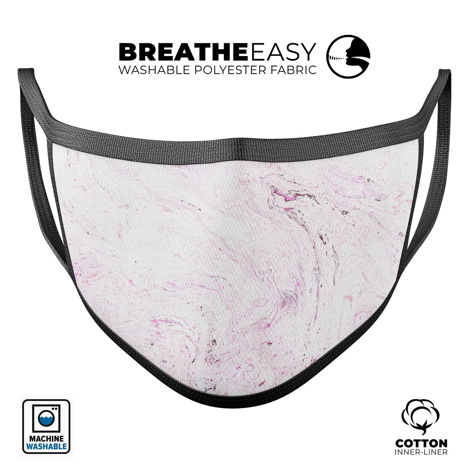 Mixtured Pink Textured Marble reusable face mask with adjustable ear loops, showcasing a stylish design and comfortable fit.