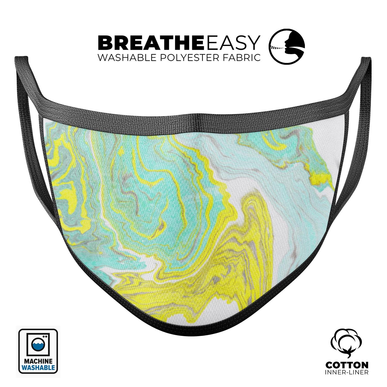 Mixtured Yellow and Green Textured Marble reusable mouth cover, showcasing vibrant colors and a comfortable design.