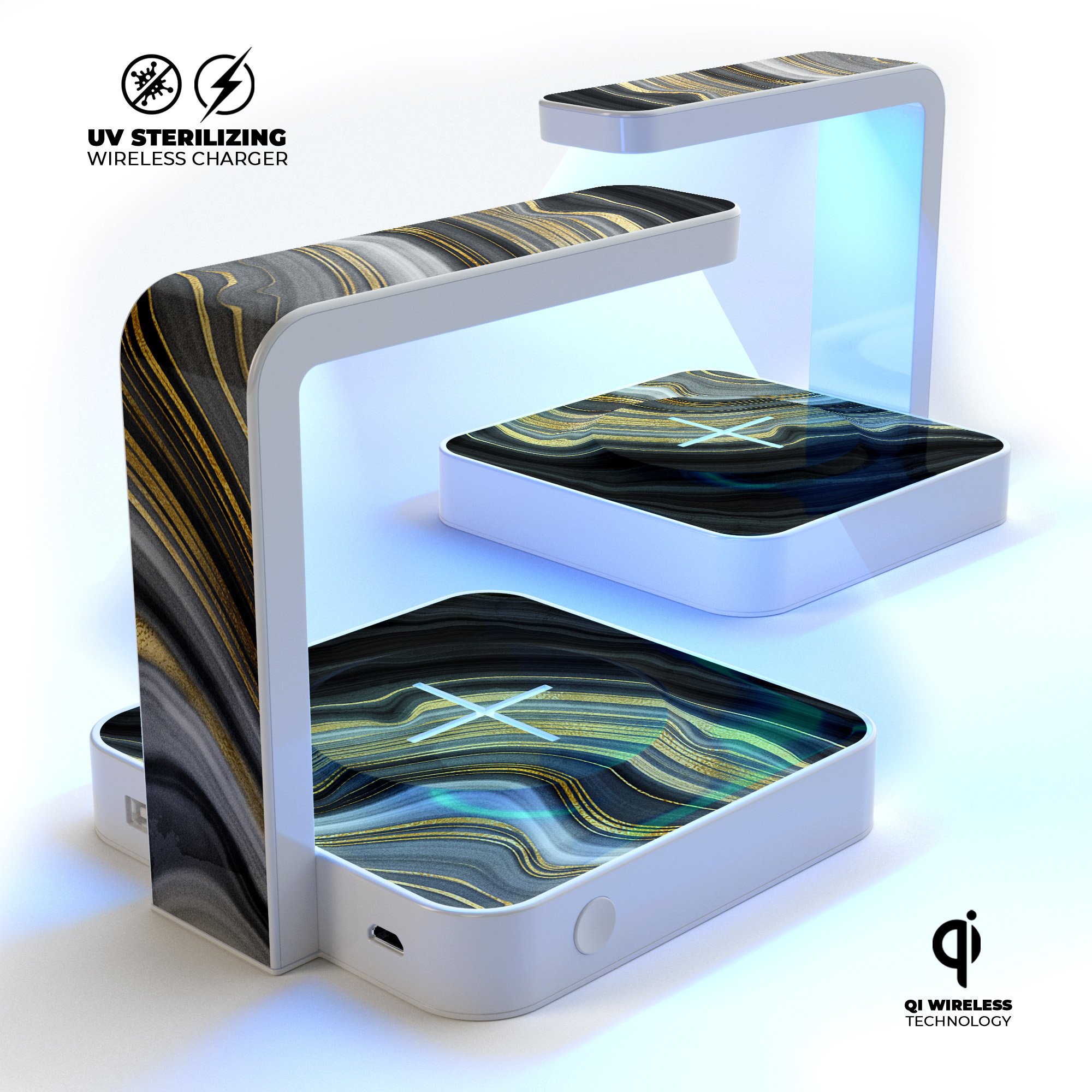 Modern Gold Dark Agate V1 UV Germicidal Sanitizing Sterilizing charger with wireless charging and UV sterilization features.