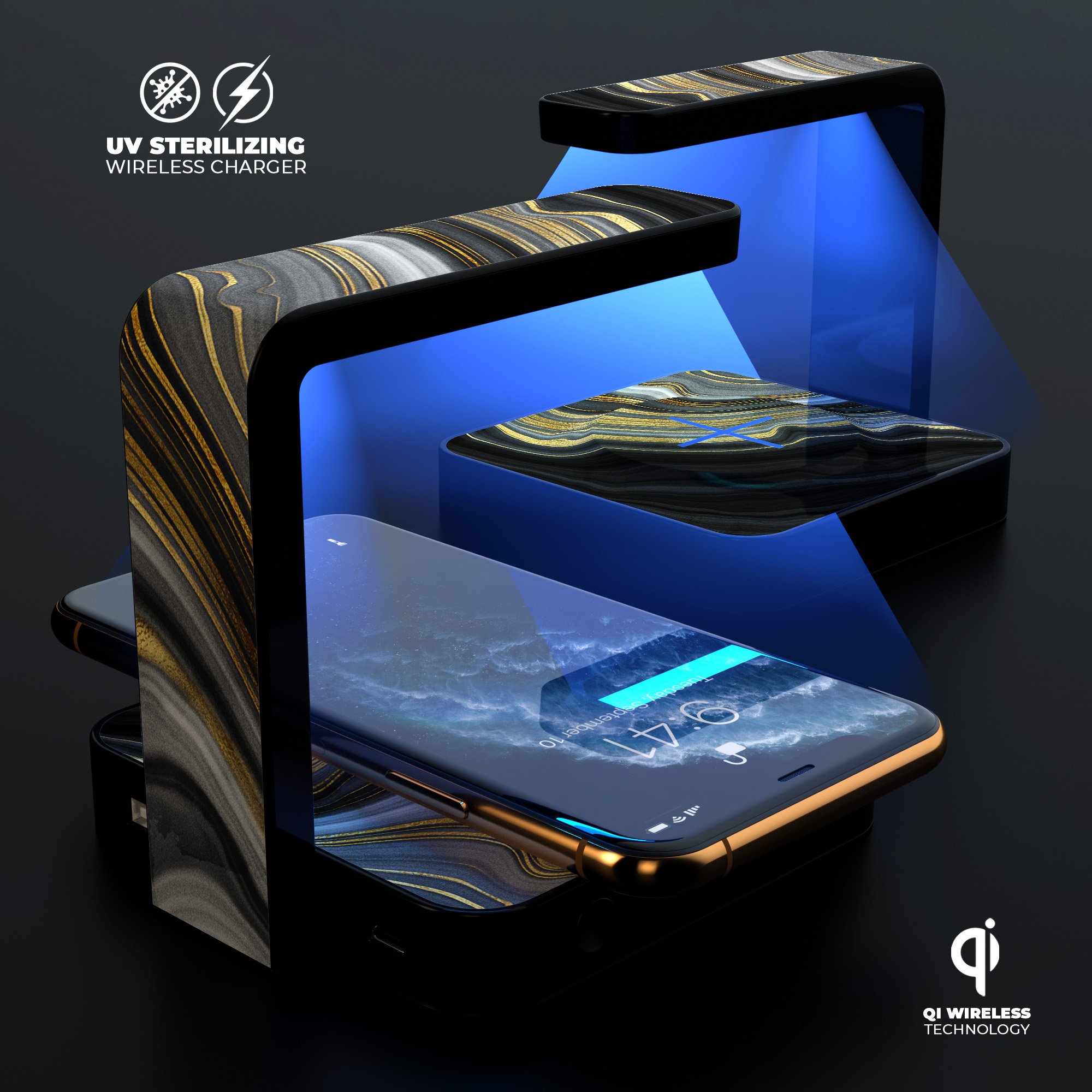 Modern Gold Dark Agate V1 UV Germicidal Sanitizing Sterilizing charger with wireless charging and UV sterilization features.