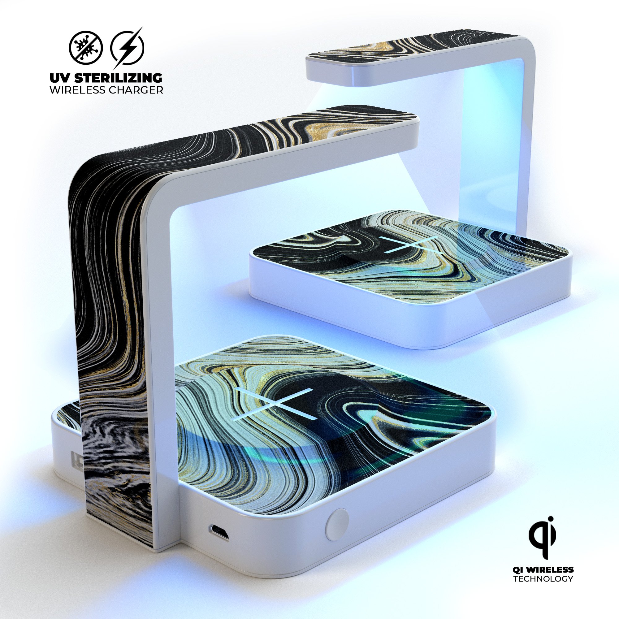 Modern Gold Dark Agate V5 UV Germicidal Sanitizing Sterilizing charger with wireless charging capabilities and decorative skin-kit.