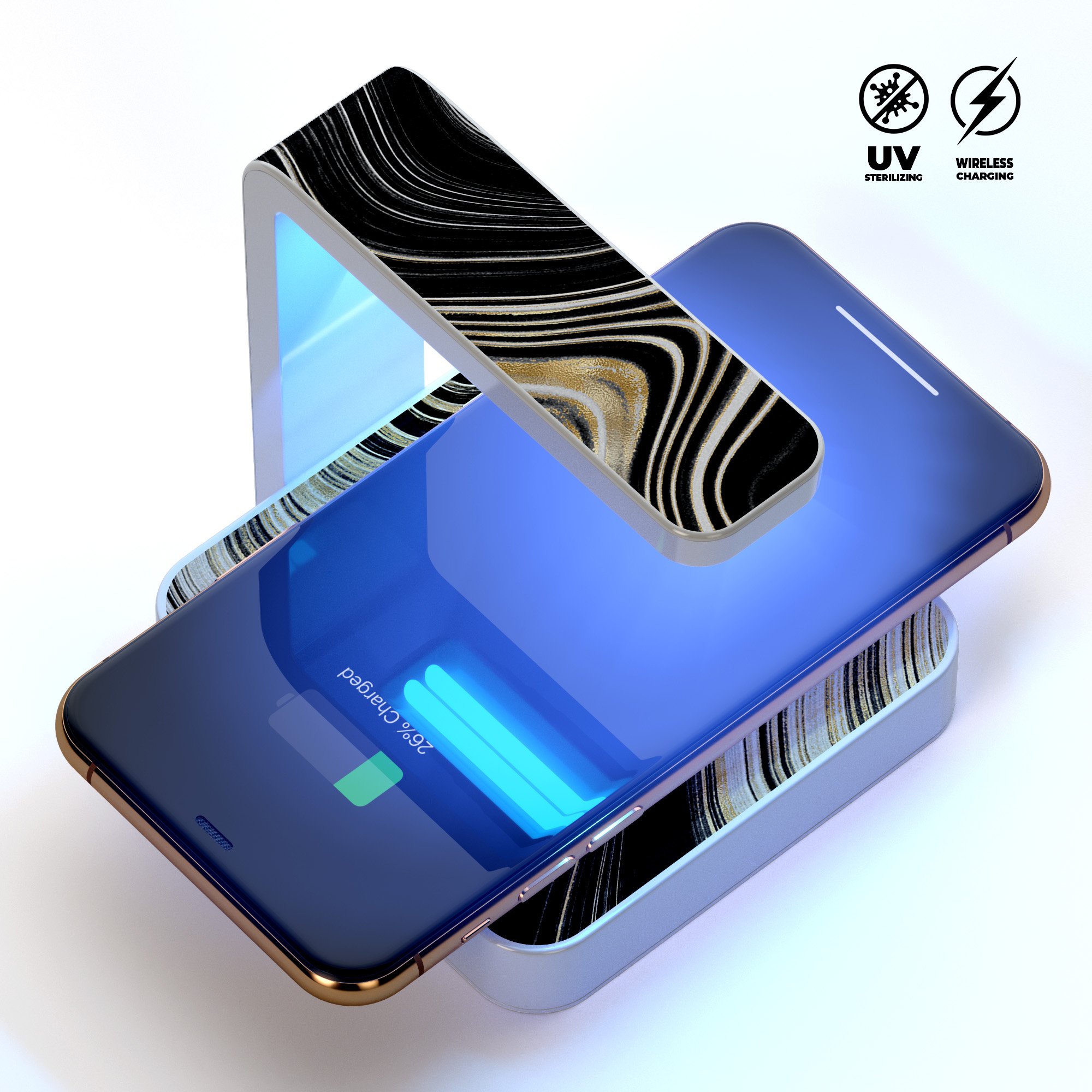 Modern Gold Dark Agate V5 UV Germicidal Sanitizing Sterilizing charger with wireless charging capabilities and decorative skin-kit.