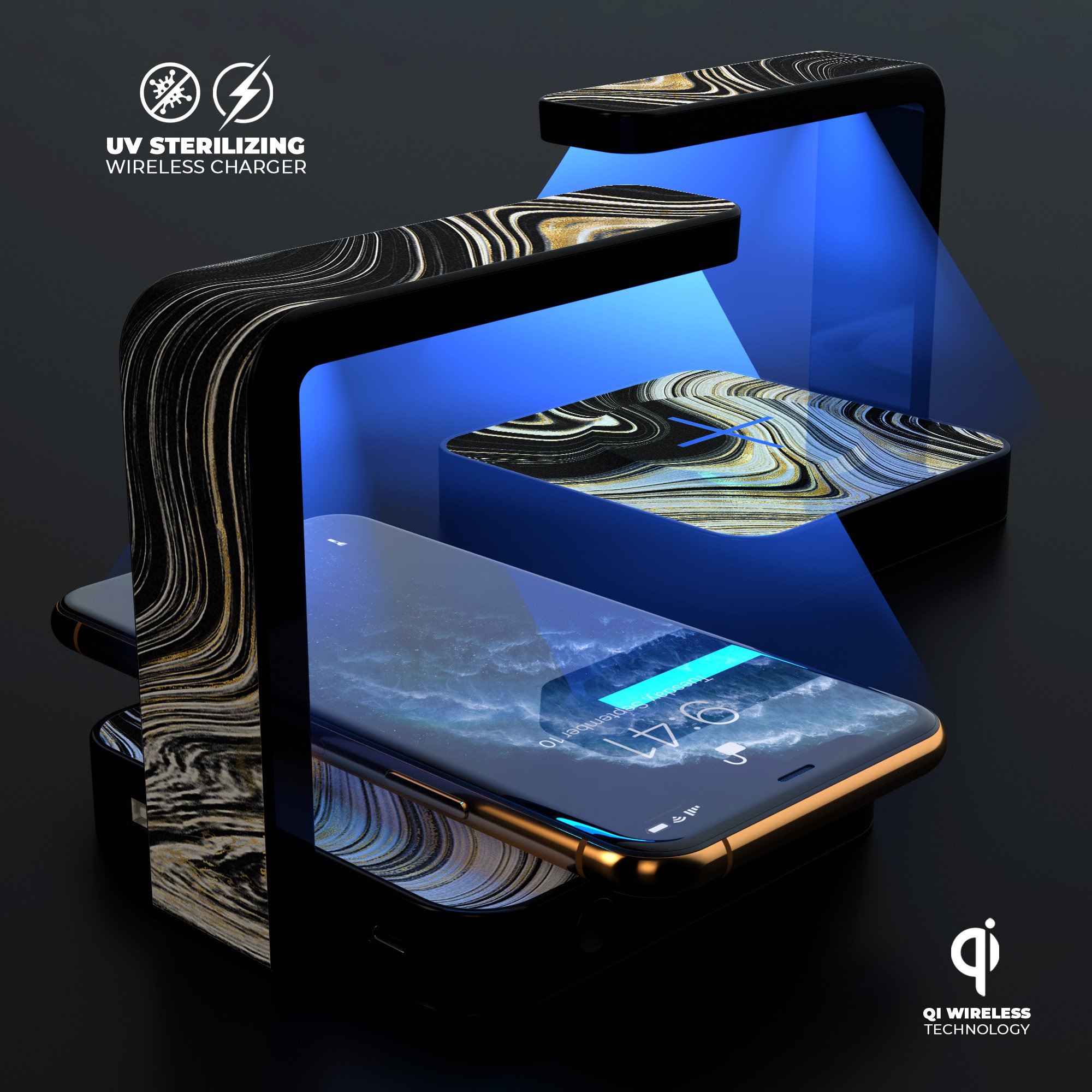 Modern Gold Dark Agate V5 UV Germicidal Sanitizing Sterilizing charger with wireless charging capabilities and decorative skin-kit.