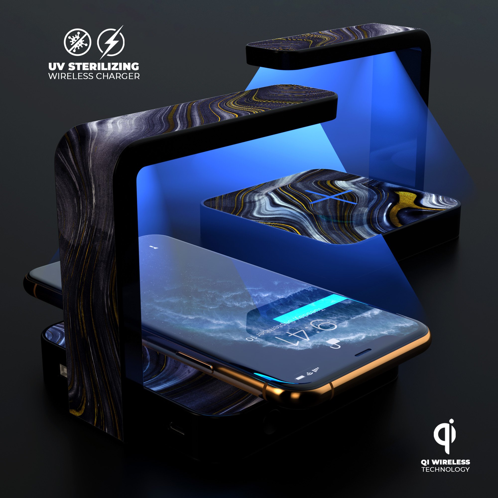 Modern Gold Dark Agate V6 UV Germicidal Sanitizing Sterilizing charger with wireless charging and sterilization features.
