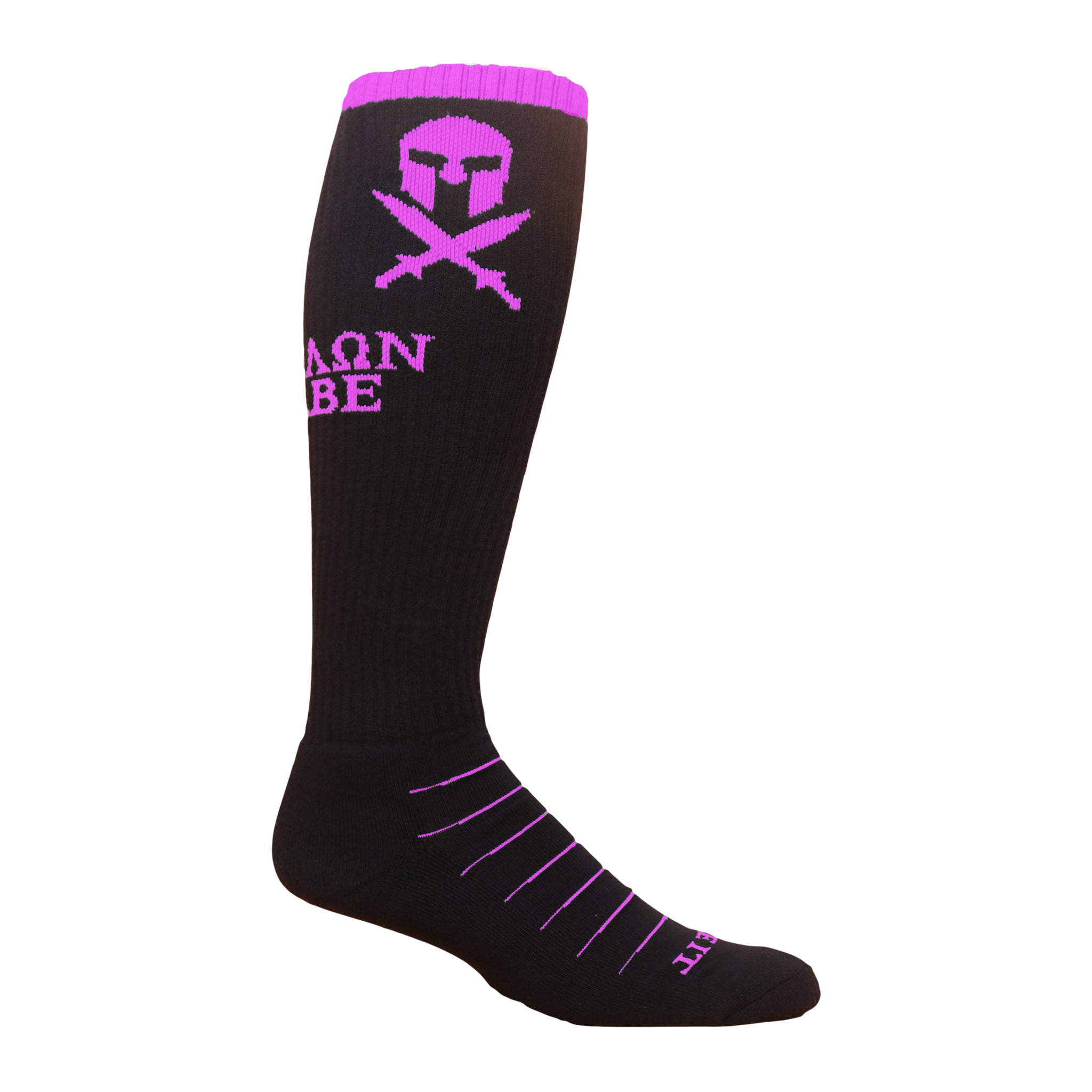 Black sock with purple designs.