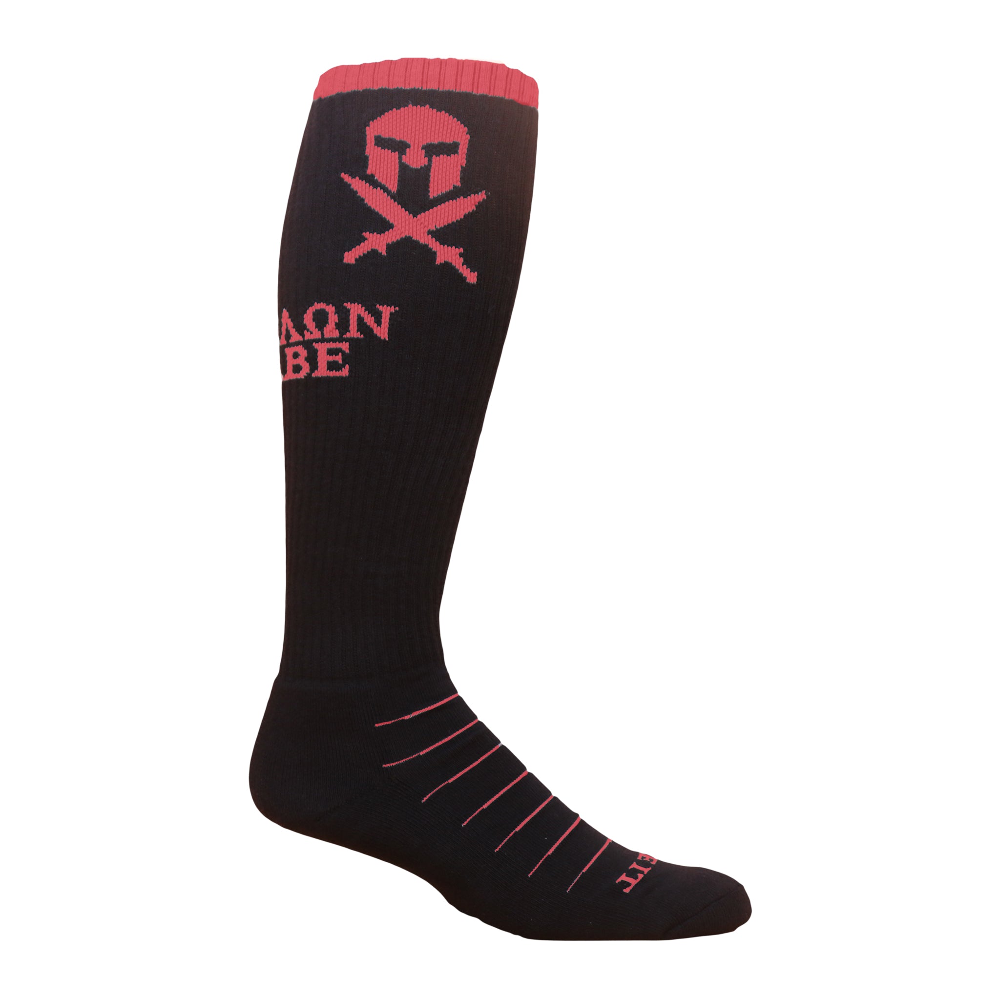 Black knee-high sock with design.