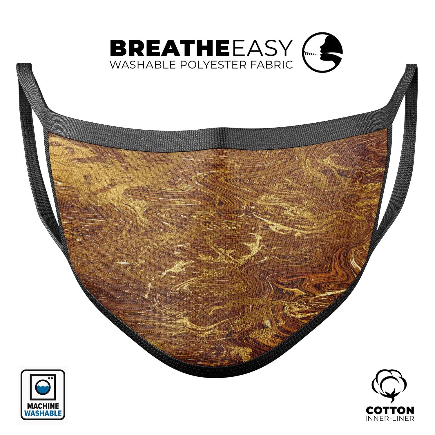 Molten Gold Digital Foil Swirl V2 unisex mouth cover, showcasing vibrant colors and adjustable ear loops for a comfortable fit.