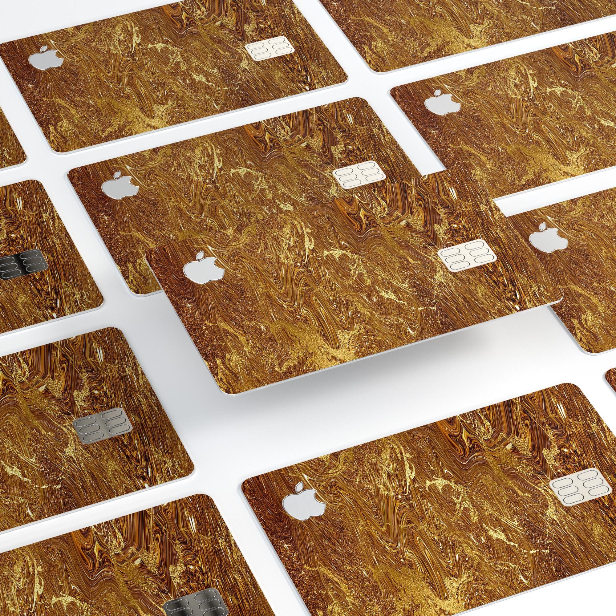 Molten Gold Digital Foil Swirl V2 skin applied on an Apple Card, showcasing its premium design and glossy finish.