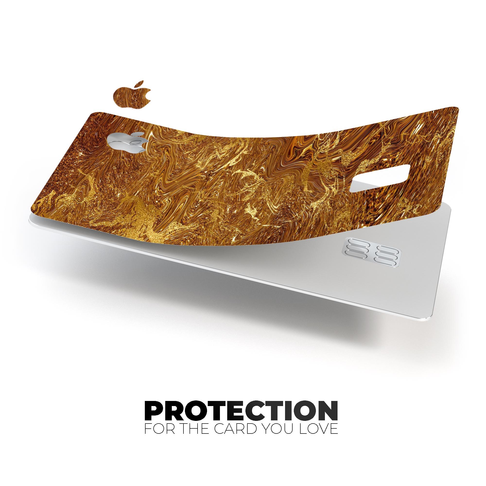 Molten Gold Digital Foil Swirl V2 skin applied on an Apple Card, showcasing its premium design and glossy finish.